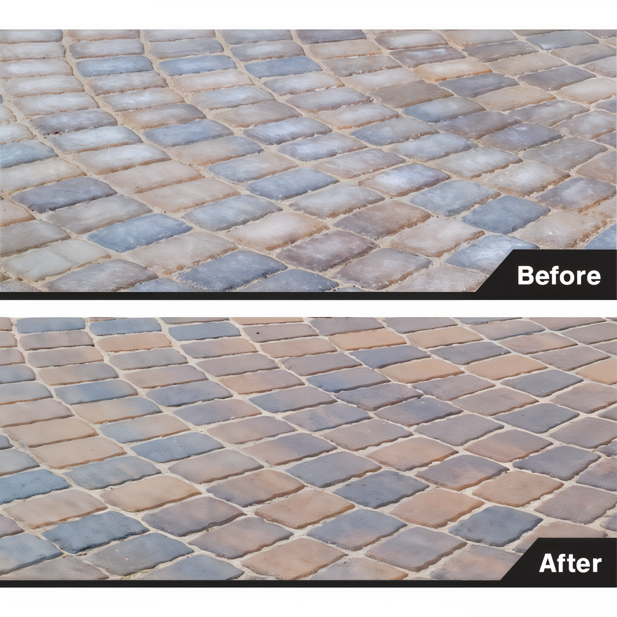 SRW Products EF Efflorescence Remover — before-and-after comparison showing white efflorescence removed and original paver color restored