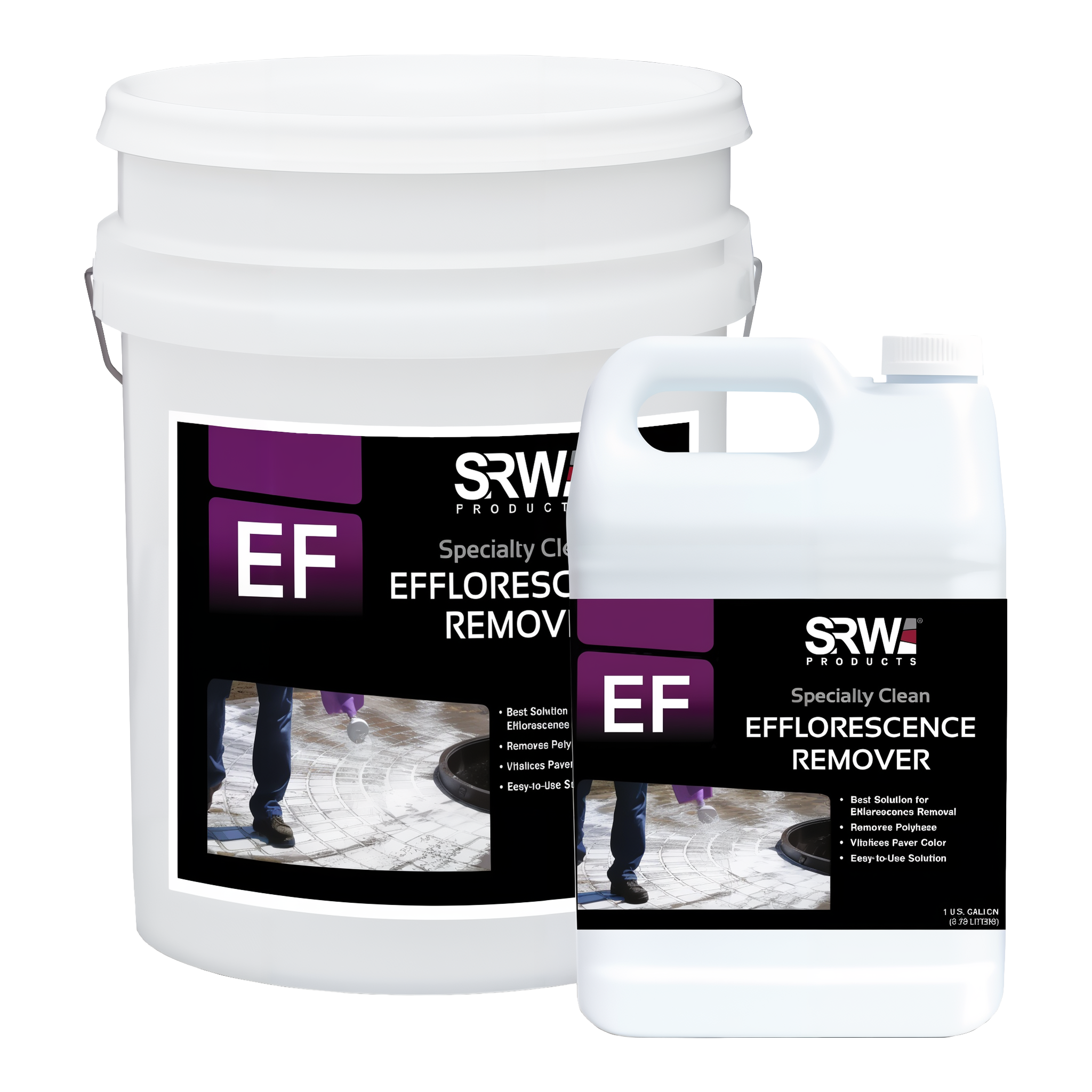 SRW Products EF Efflorescence Remover Specialty Clean — biodegradable acid-free efflorescence cleaner for concrete pavers, brick, and clay (1-gallon jug shown; also available in 5-gallon pail)