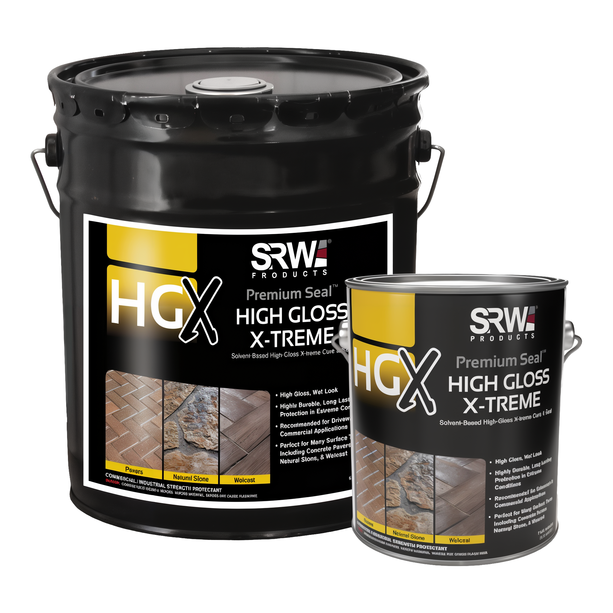 SRW Products HGX High Gloss X-treme Premium Paver Sealer — solvent-based, wet-look professional cure-and-seal, 1-gallon jug shown (also available in 5-gallon pail)