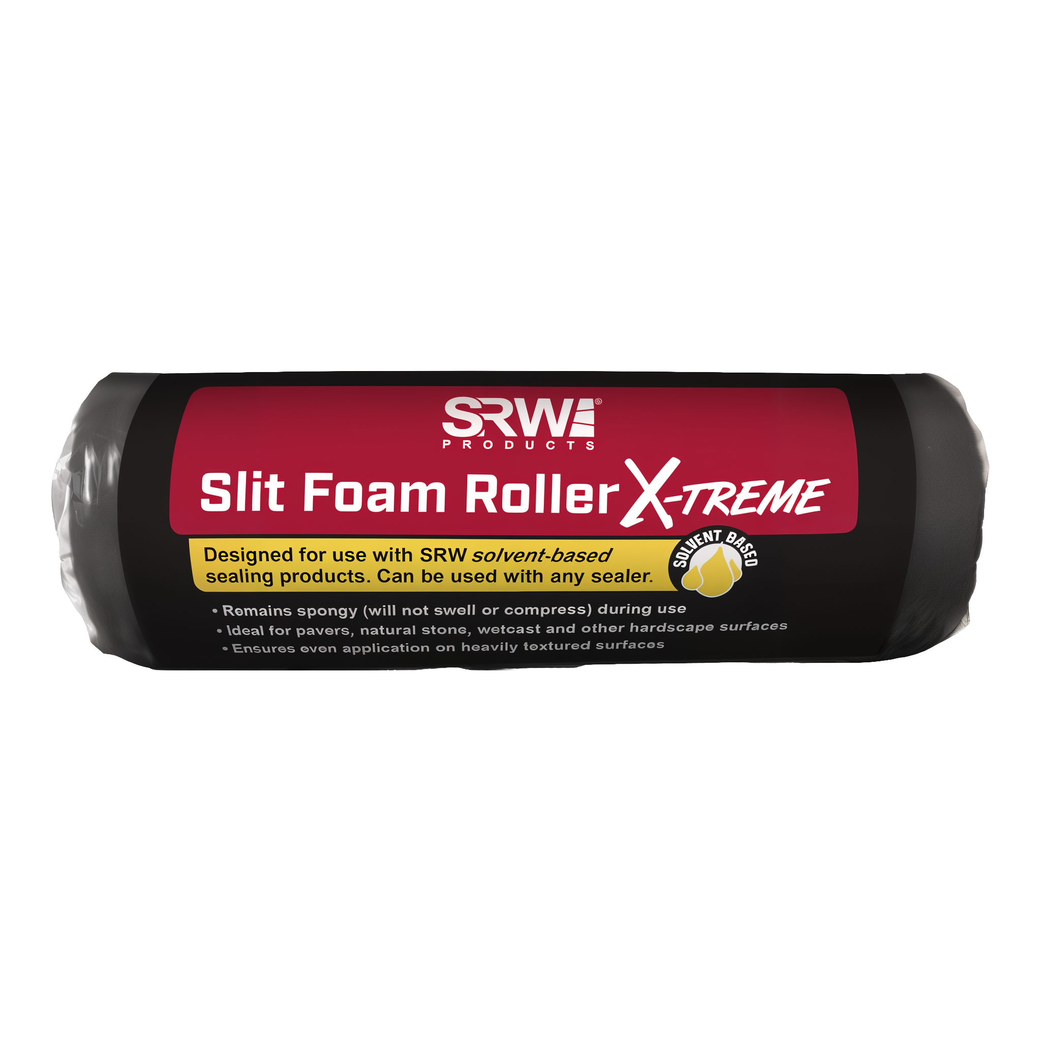 SRW Products Slit Foam Roller X-Treme — black slit-foam paint/sealer roller cover for solvent-based paver sealers (HGX, DG), smooth and textured hardscape surfaces