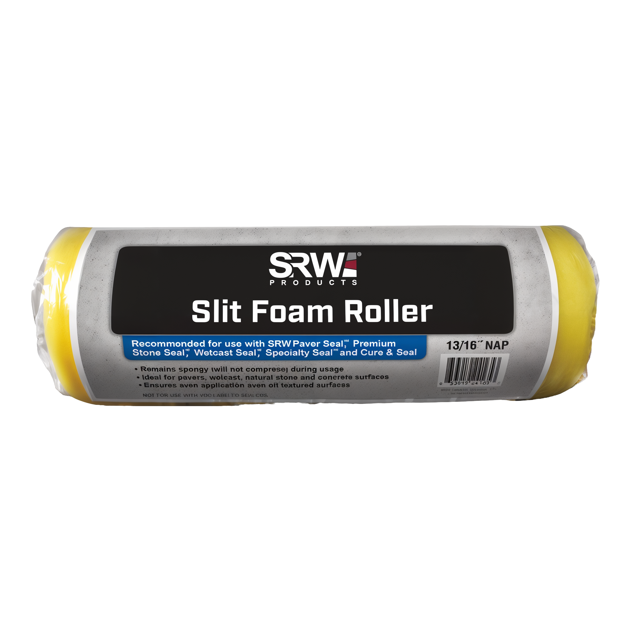 SRW Products Slit Foam Roller — yellow slit-foam paint/sealer roller cover for water-based paver sealers, smooth and textured hardscape surfaces