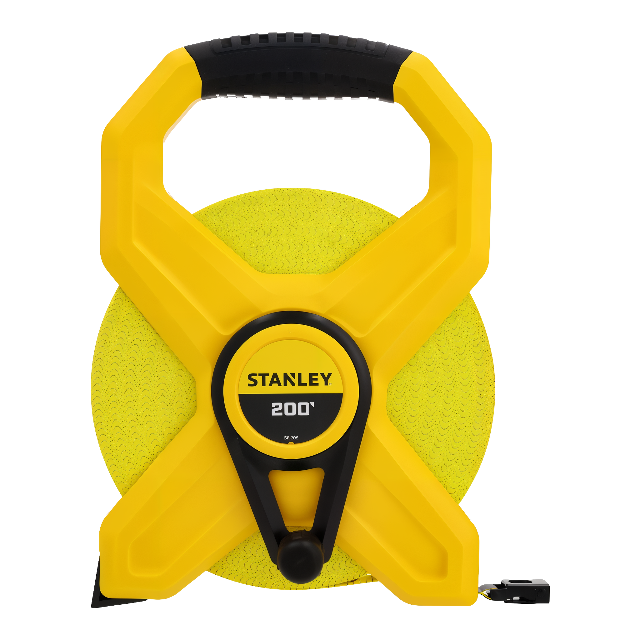 Stanley 34-793 1/2-inch by 200-foot Open Reel Fiberglass Long Tape — front detail of yellow and black open reel measuring tape body
