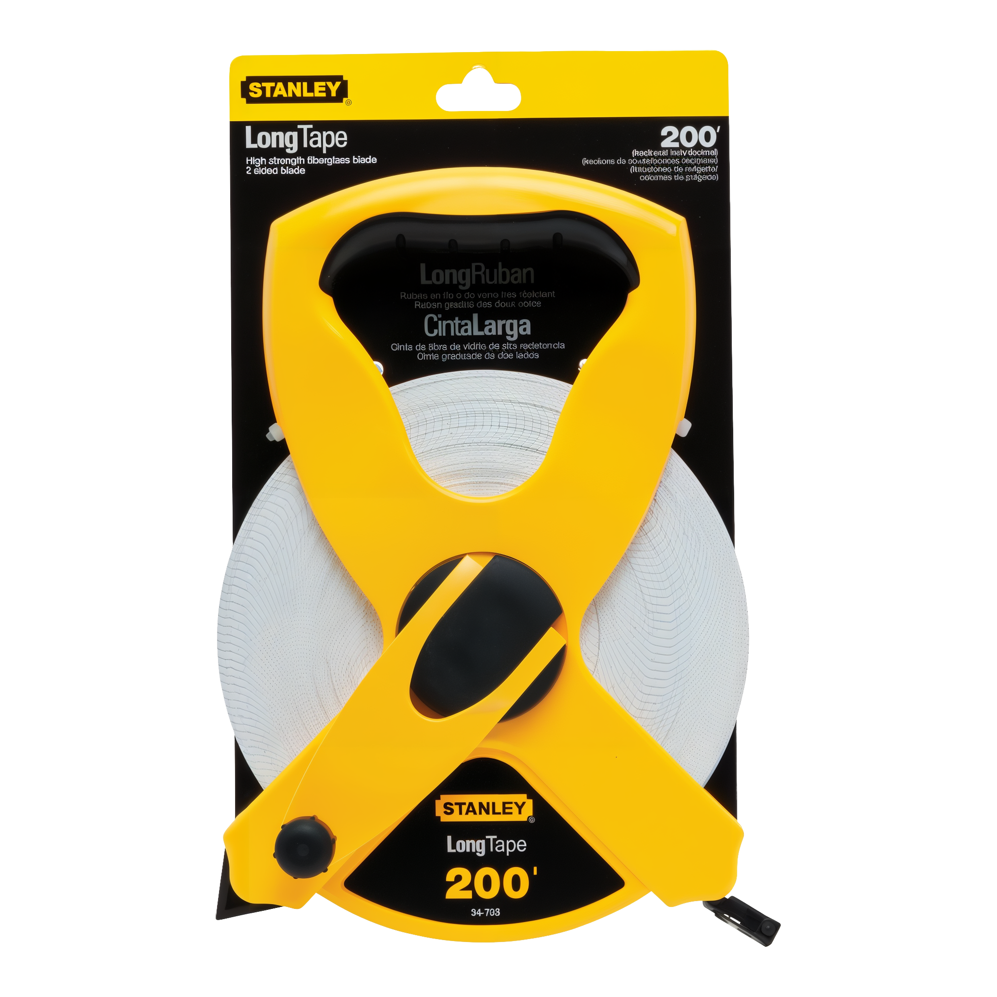 Stanley 34-793 1/2-inch by 200-foot Open Reel Fiberglass Long Tape — yellow and black open reel fiberglass measuring tape with packaging