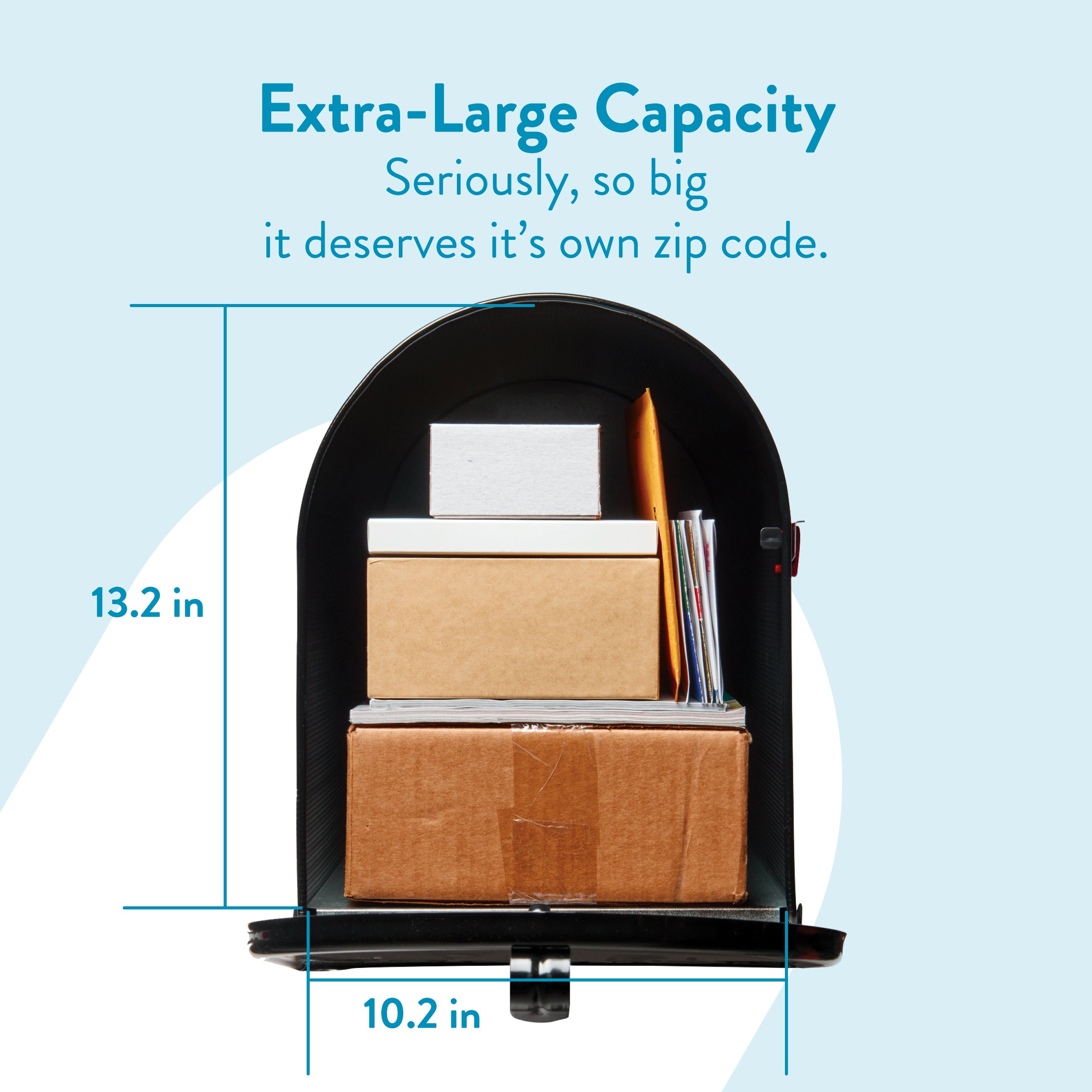 Stanley mailbox packed with boxes and envelopes showing extra-large capacity