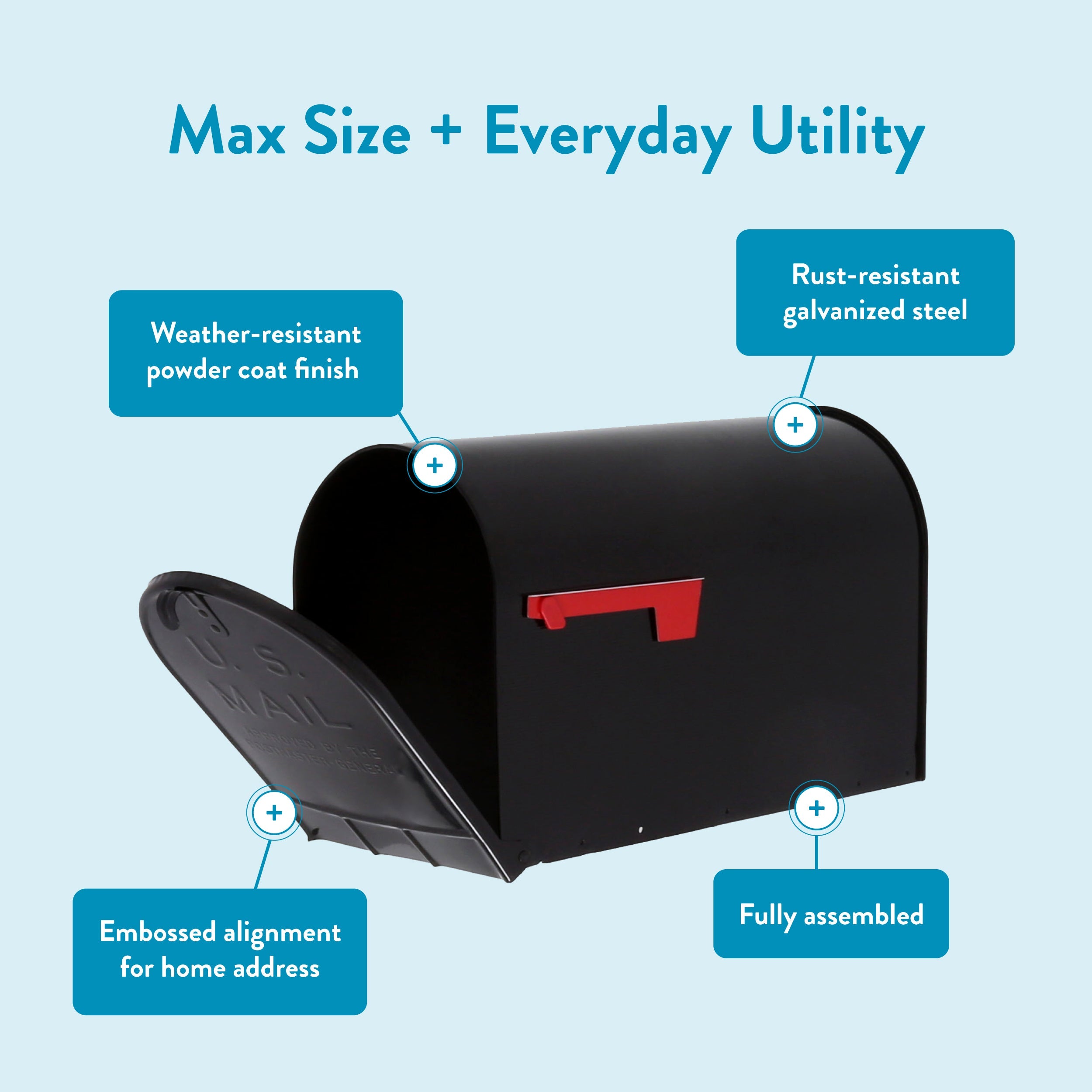 Stanley mailbox features: weather-resistant finish, rust-resistant steel, embossed address, fully assembled