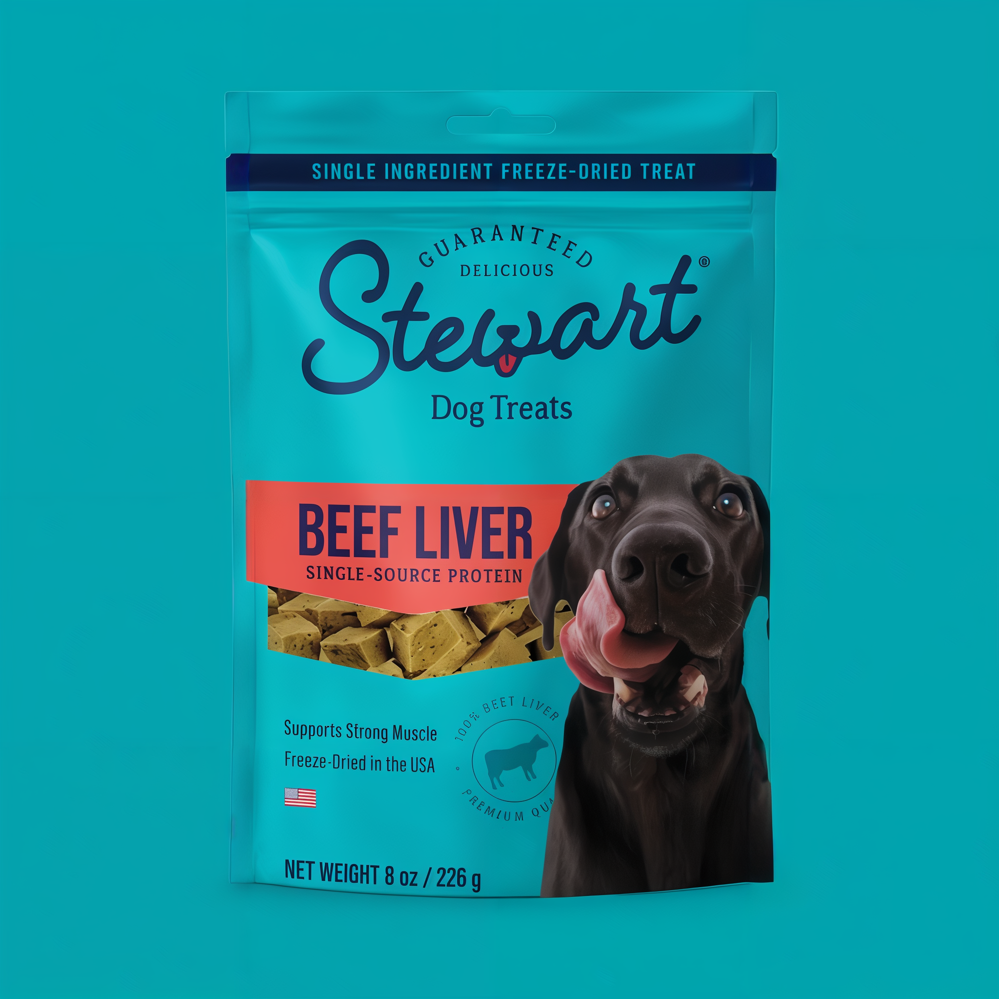 Stewart Freeze Dried Beef Liver dog treats in an 8 oz pouch.
