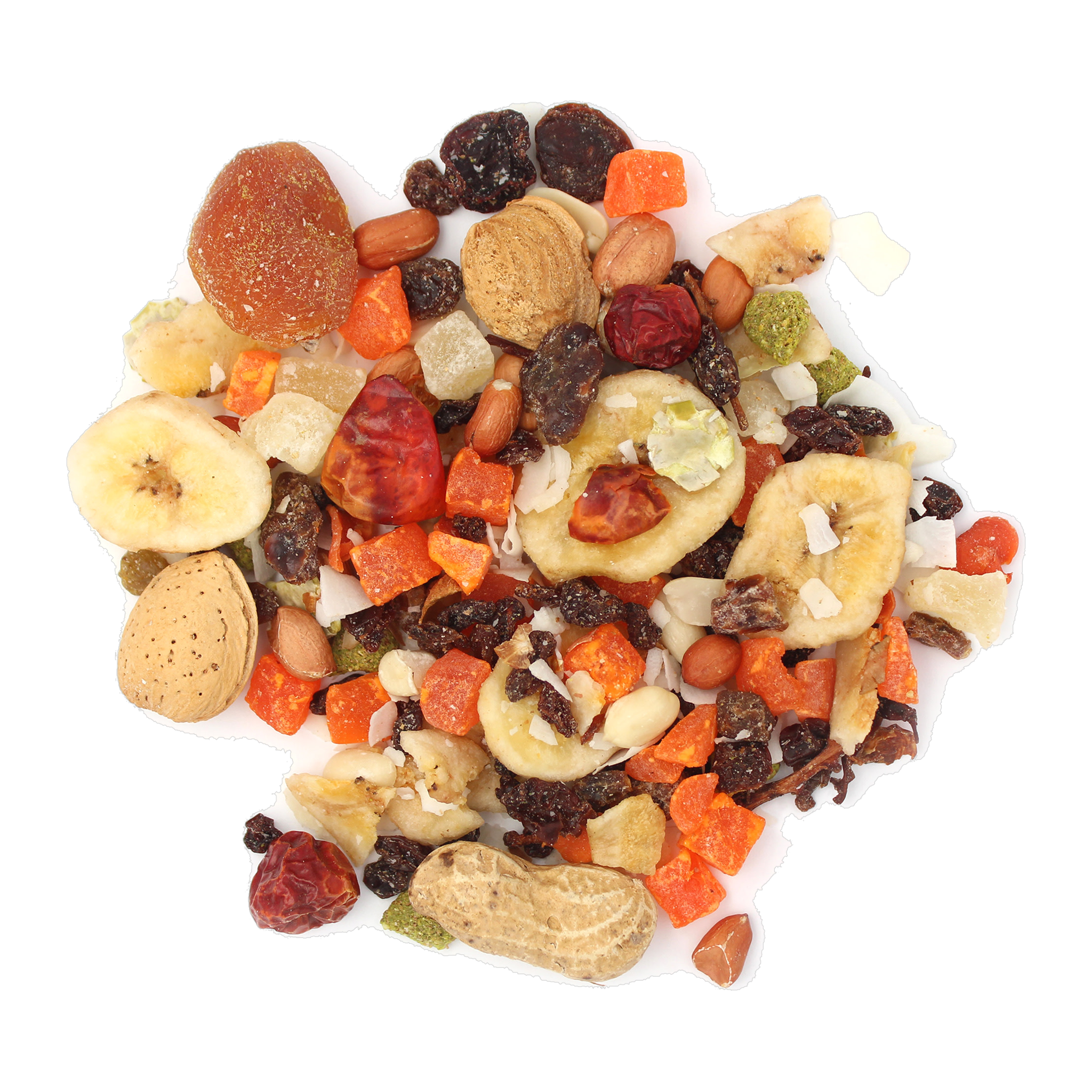 Sunseed Fabulous Fruit Mix closeup with dried papaya banana coconut almonds and raisins