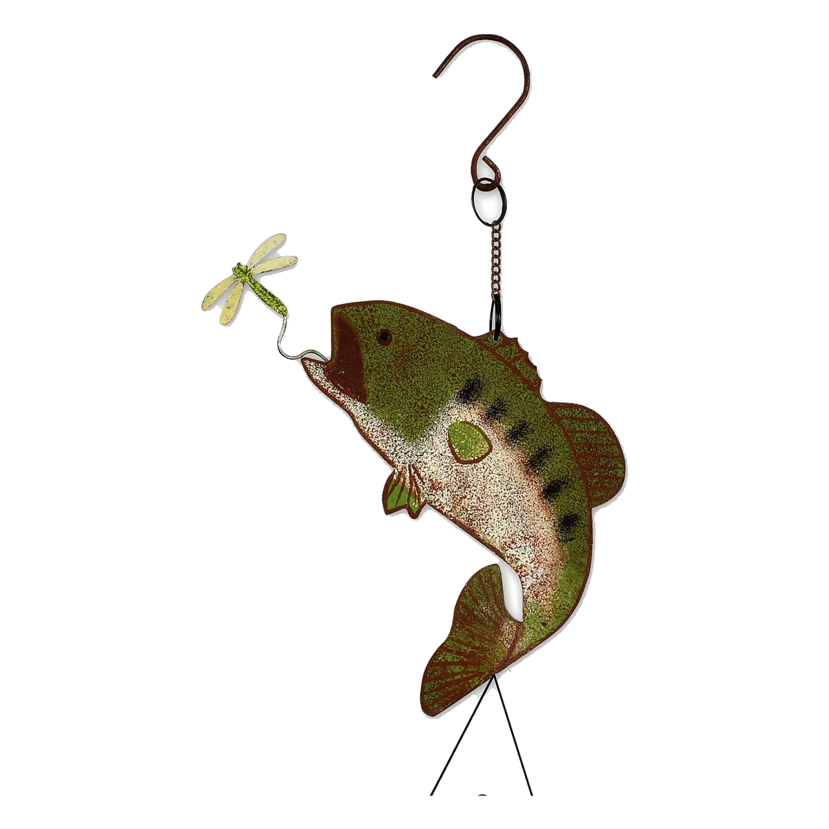 Sunset Vista Designs Catch of the Day Rustic Bass Wind Chime -- detail of the leaping bass and dragonfly topper