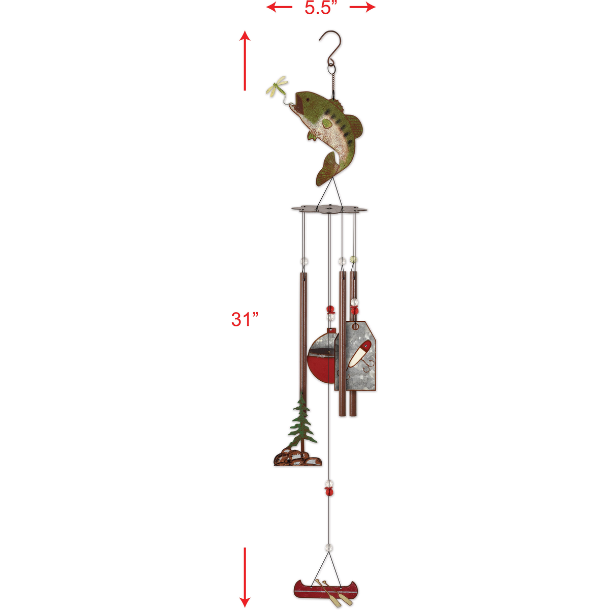 Sunset Vista Designs Catch of the Day Rustic Bass Wind Chime -- dimensions, 5.5 inches wide by 31 inches long