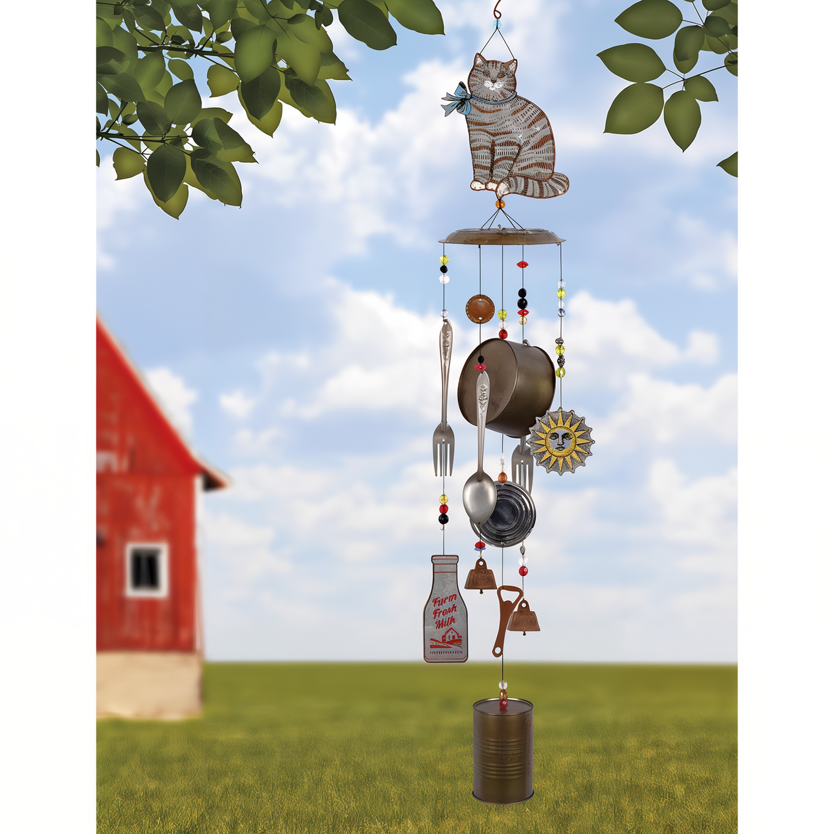 Sunset Vista Designs Farm Cat Metal Wind Chime -- shown hanging outdoors beside a red barn