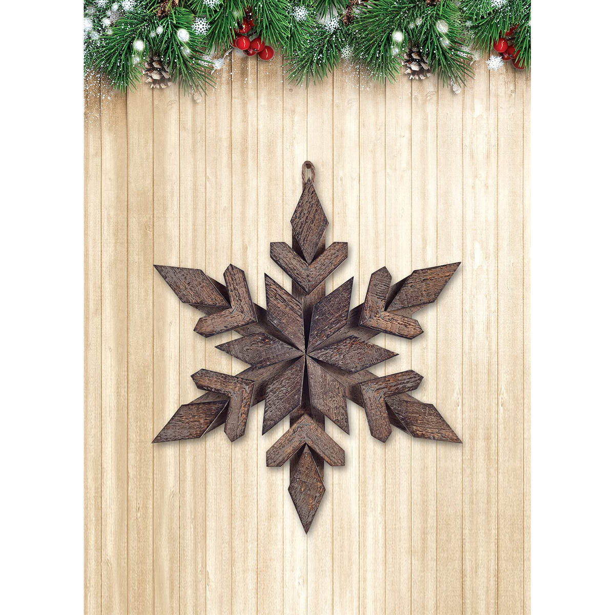 Sunset Vista Designs Into the Woods Brown Snowflake -- 14 inch snowflake shown on a wood wall with garland