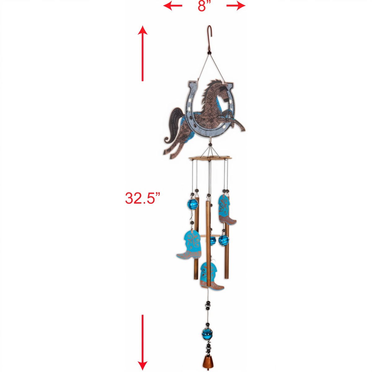 Sunset Vista Designs Lucky the Stallion Wind Chime -- dimensions, 8 inches wide by 32.5 inches long