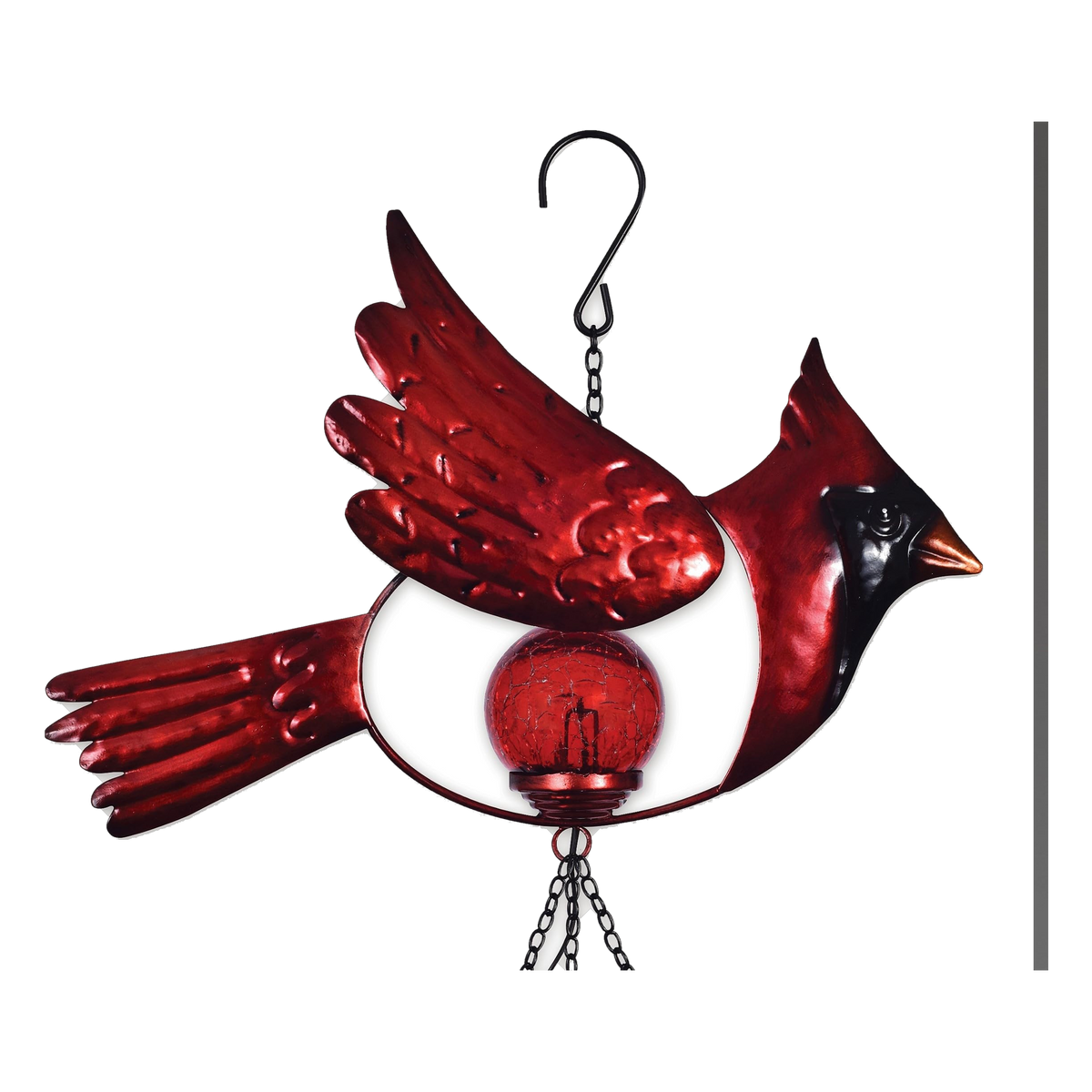Sunset Vista Designs Solar Cardinal Wind Chime -- detail of the cardinal and red crackle glass globe