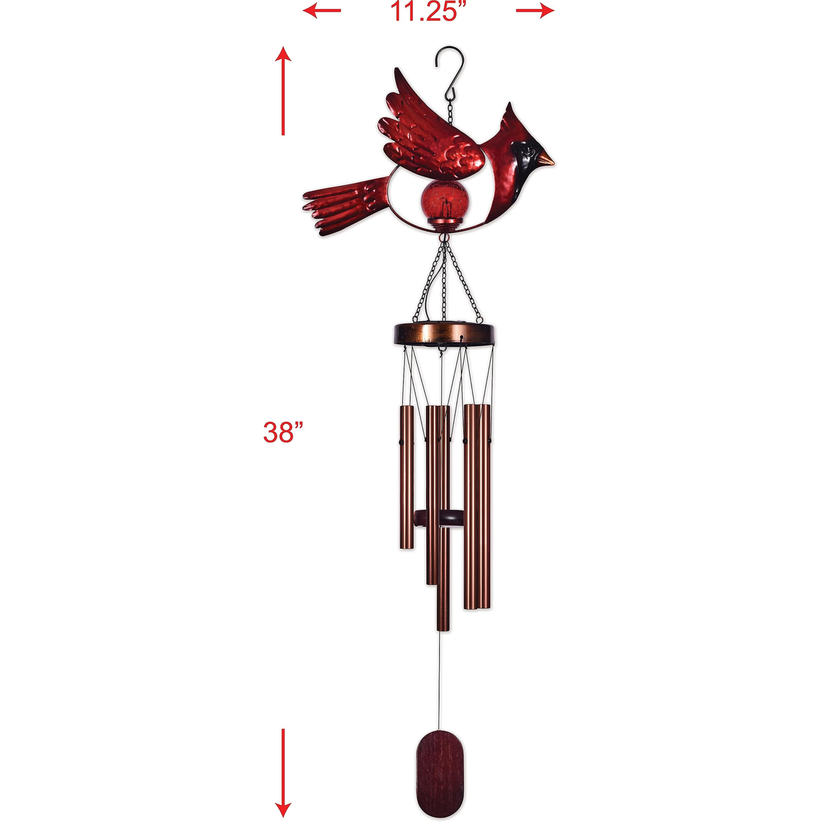 Sunset Vista Designs Solar Cardinal Wind Chime -- dimensions, 11.25 inches wide by 38 inches long