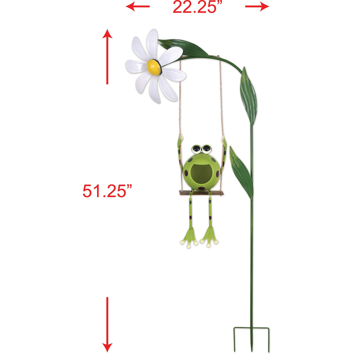 Sunset Vista Designs Swinging Frog Solar Garden Stake -- dimensions, 22.25 inches wide by 51.25 inches tall