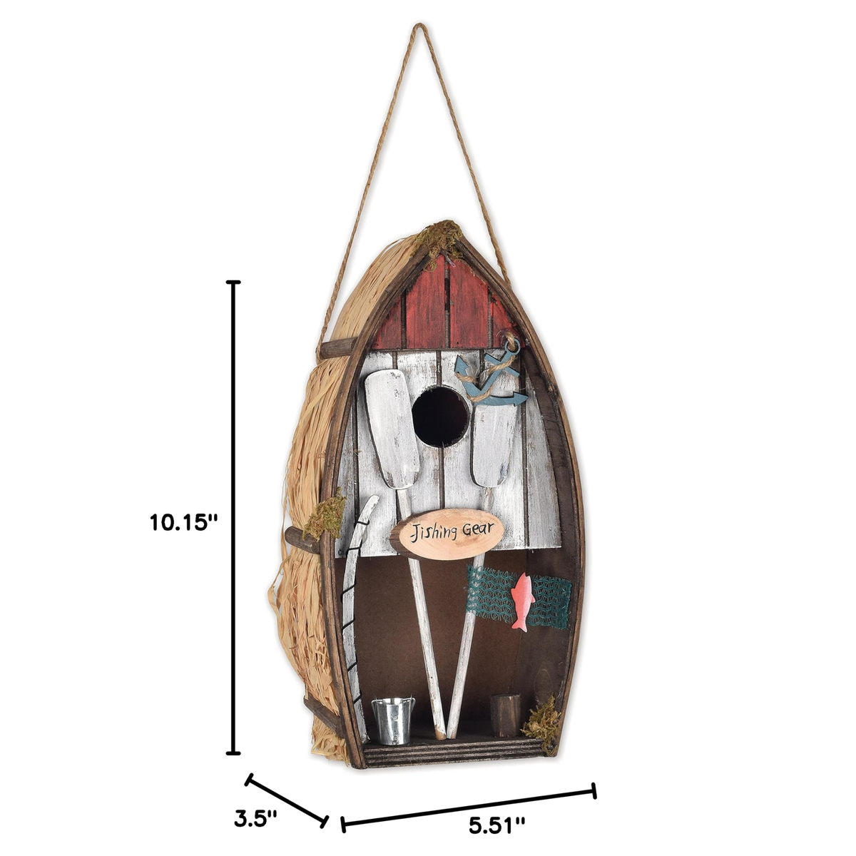 Sunset Vista Designs Welcome to the Woods Rowboat Birdhouse -- dimensions, 5.51 by 3.5 by 10.15 inches
