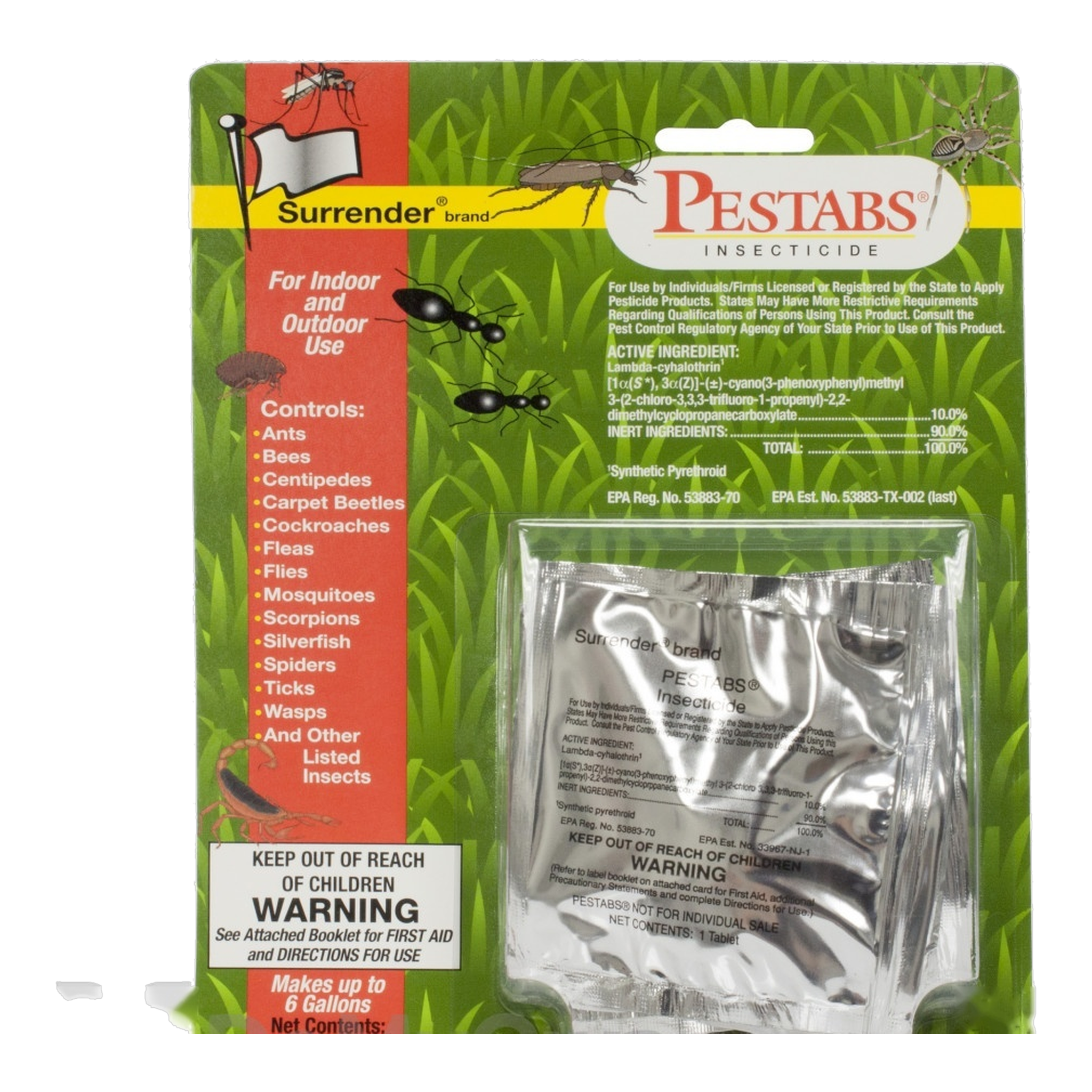 Surrender PesTabs Insecticide carded 2-pack on transparent background, green Surrender brand blister card with foil tablet pouch, for indoor and outdoor use, controls ants bees cockroaches fleas mosquitoes scorpions spiders ticks wasps, active ingredient lambda-cyhalothrin 10 percent, EPA Reg No 53883-70