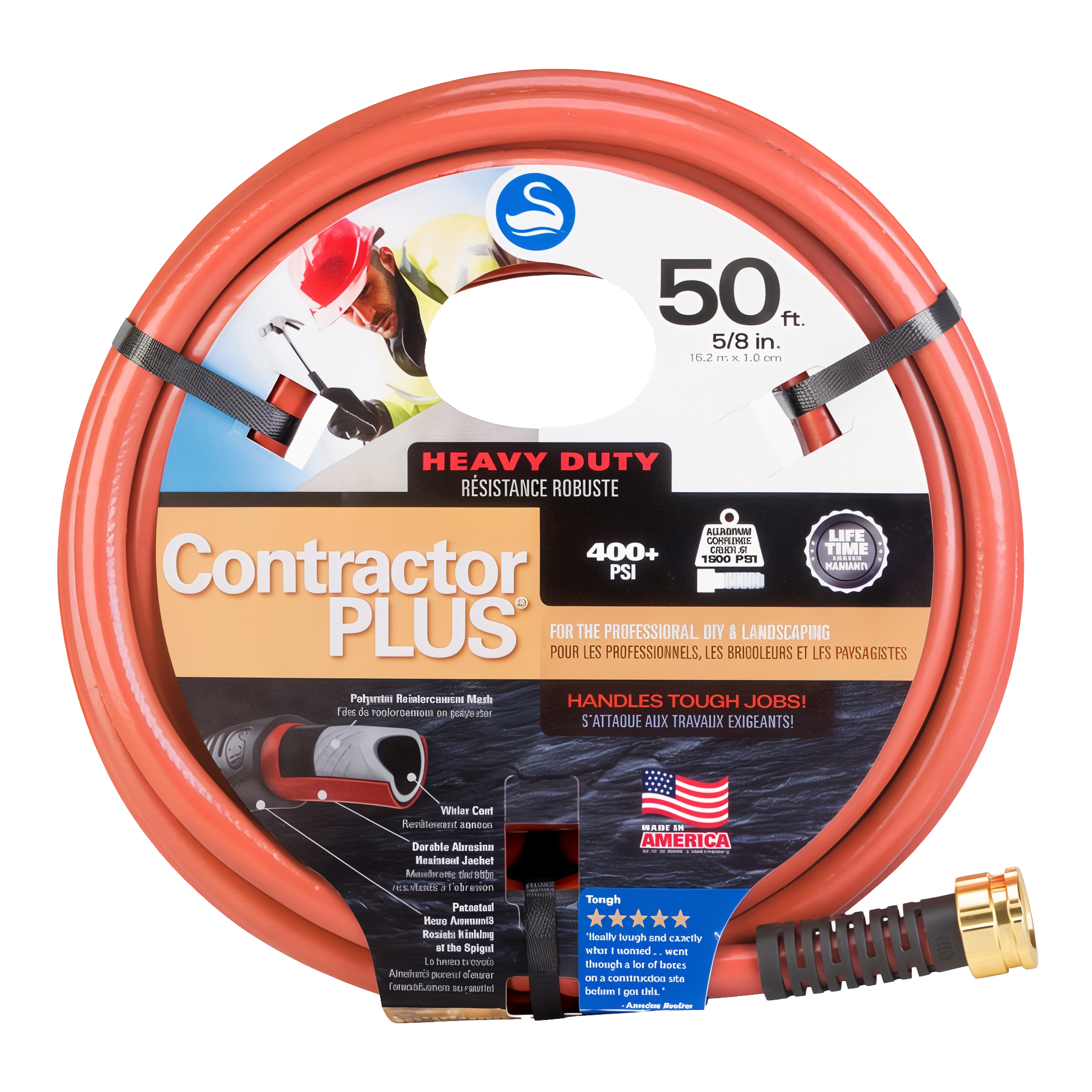 Swan ContractorPLUS Heavy Duty Garden Hose coiled with product tag, red 5/8 inch contractor hose, 400+ PSI burst strength, Hose Armour kink protection, made in USA, lifetime warranty
