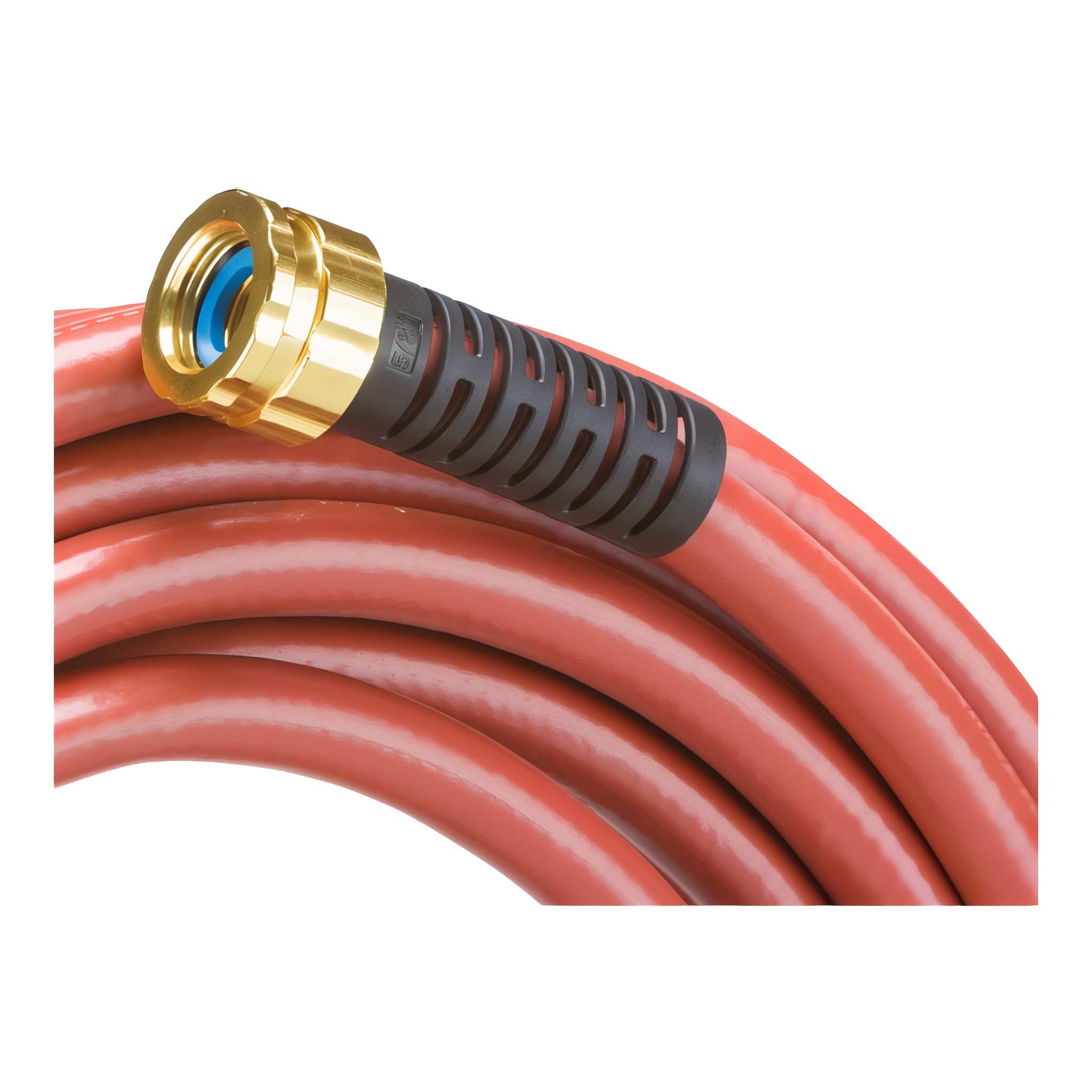 Swan ContractorPLUS Heavy Duty Garden Hose coiled, abrasion-resistant high-visibility red jacket reinforced with polyester mesh