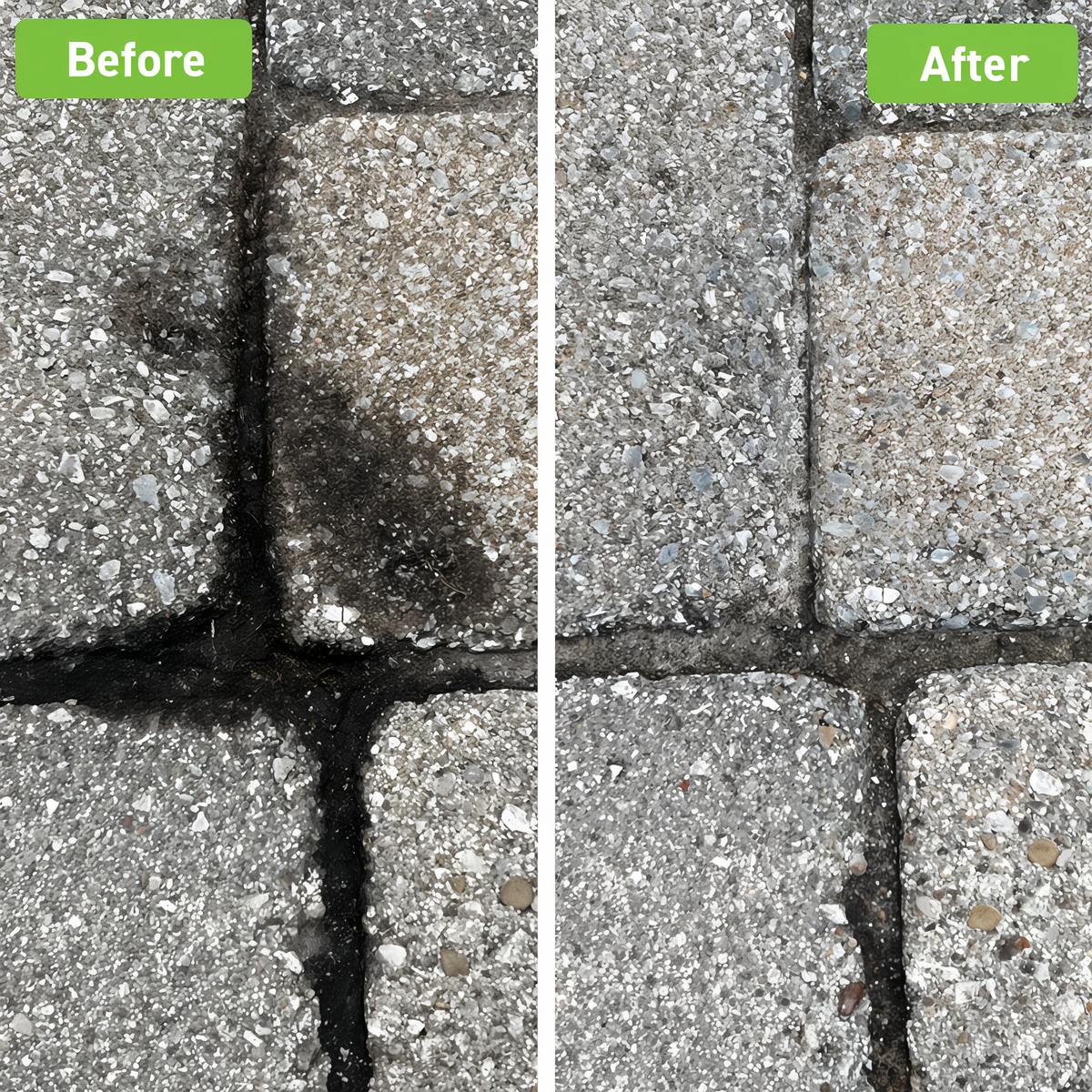 Concrete pavers before and after removing grease stains with Techniseal degreaser