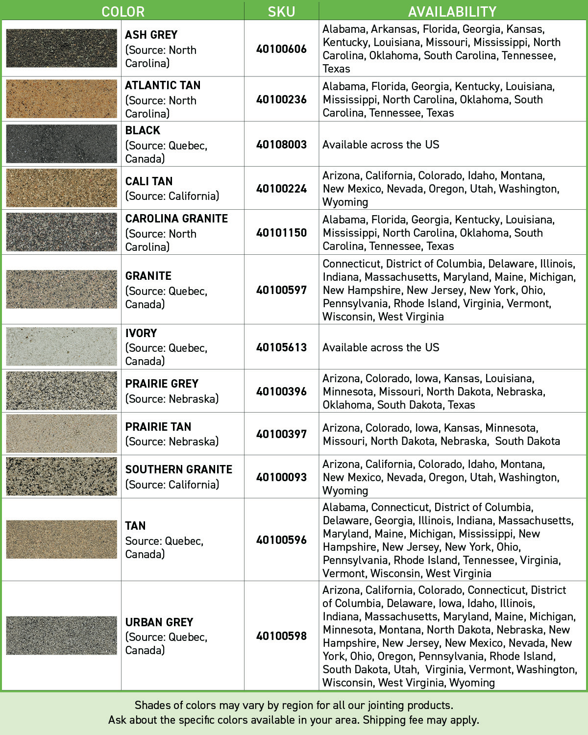 Techniseal HP NextGel polymeric sand color options chart with regional availability