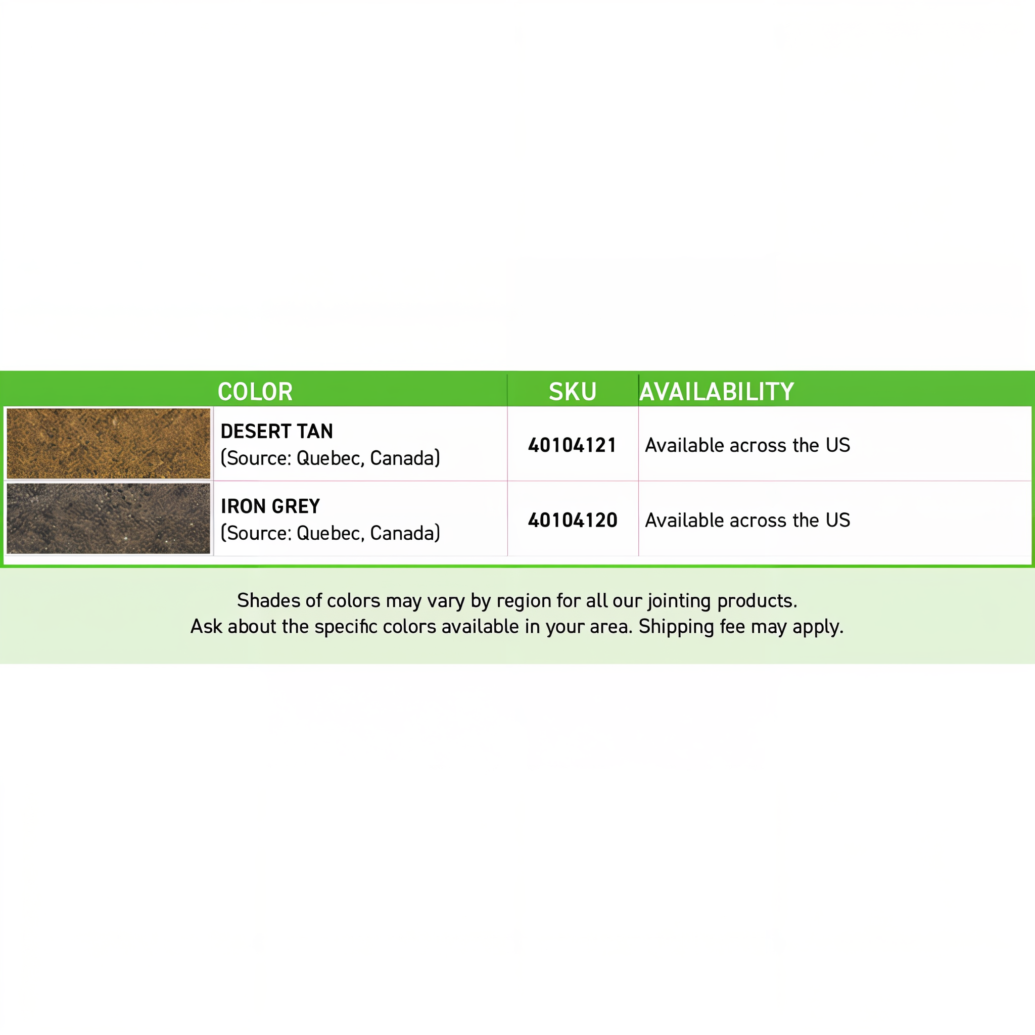 Techniseal NOCO Polymeric Joint — color options chart showing all available finishes