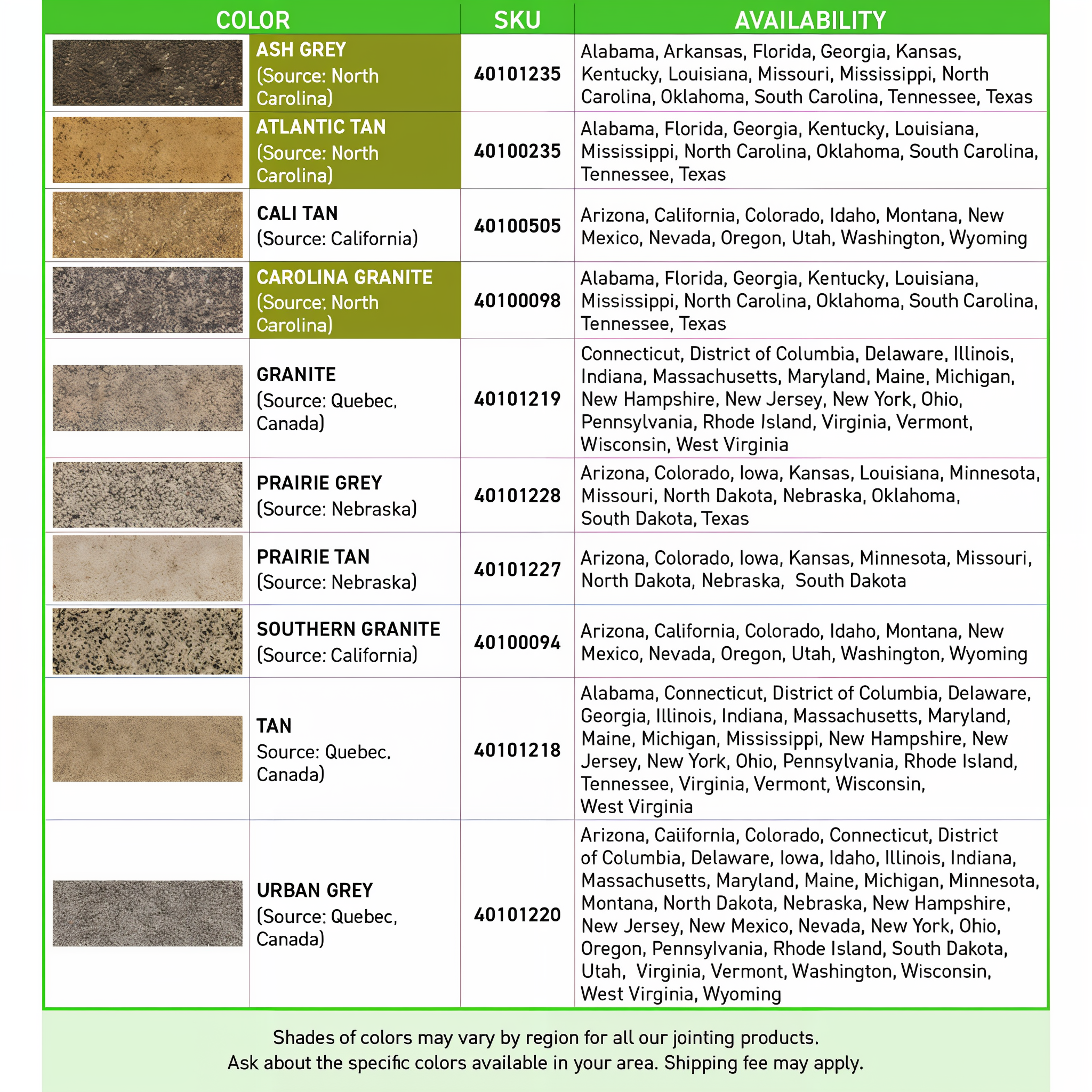 Techniseal SmartSand Jointing Sand — color options chart showing all available finishes