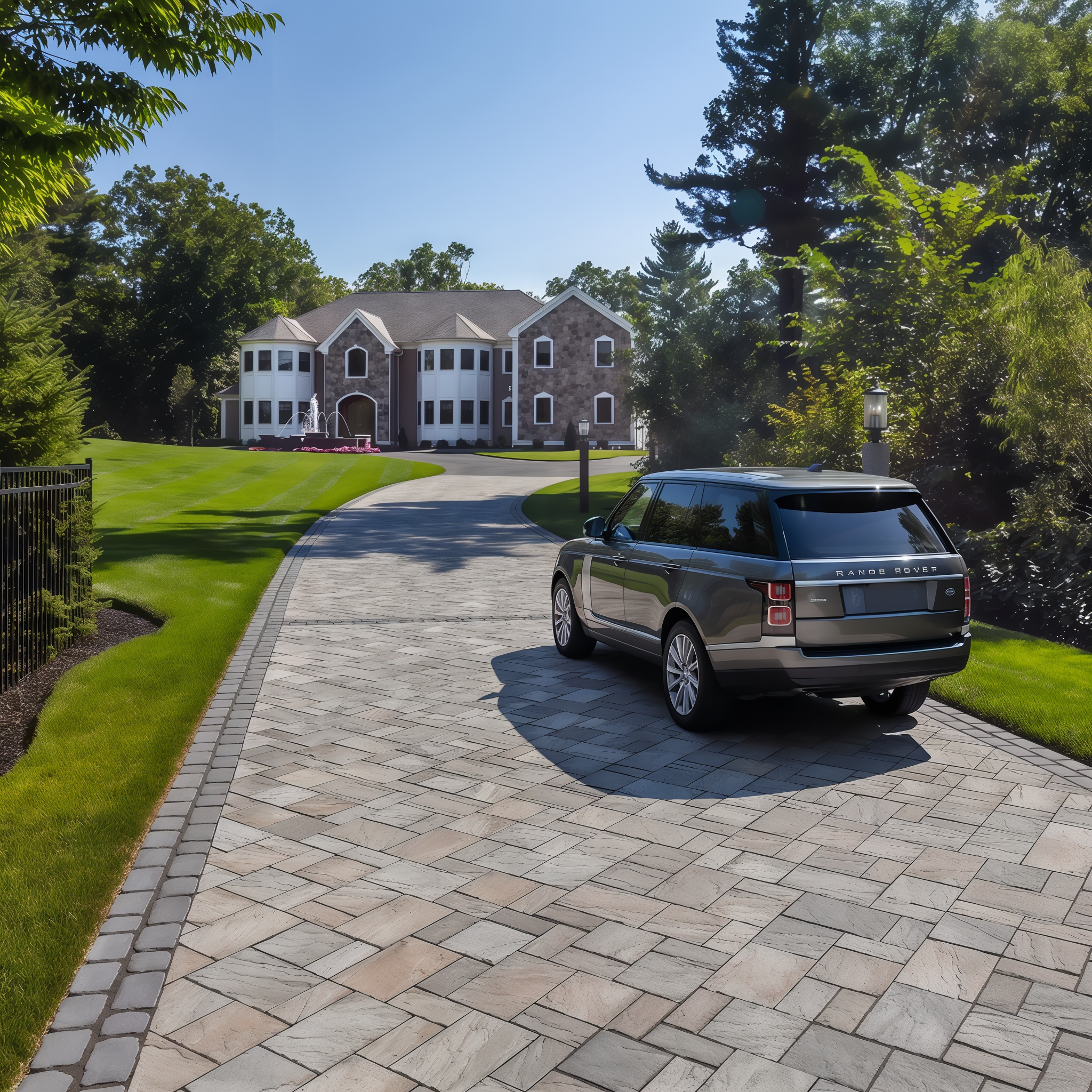 Eva Slate Champlain Grey pavers in a curved residential driveway, modular size