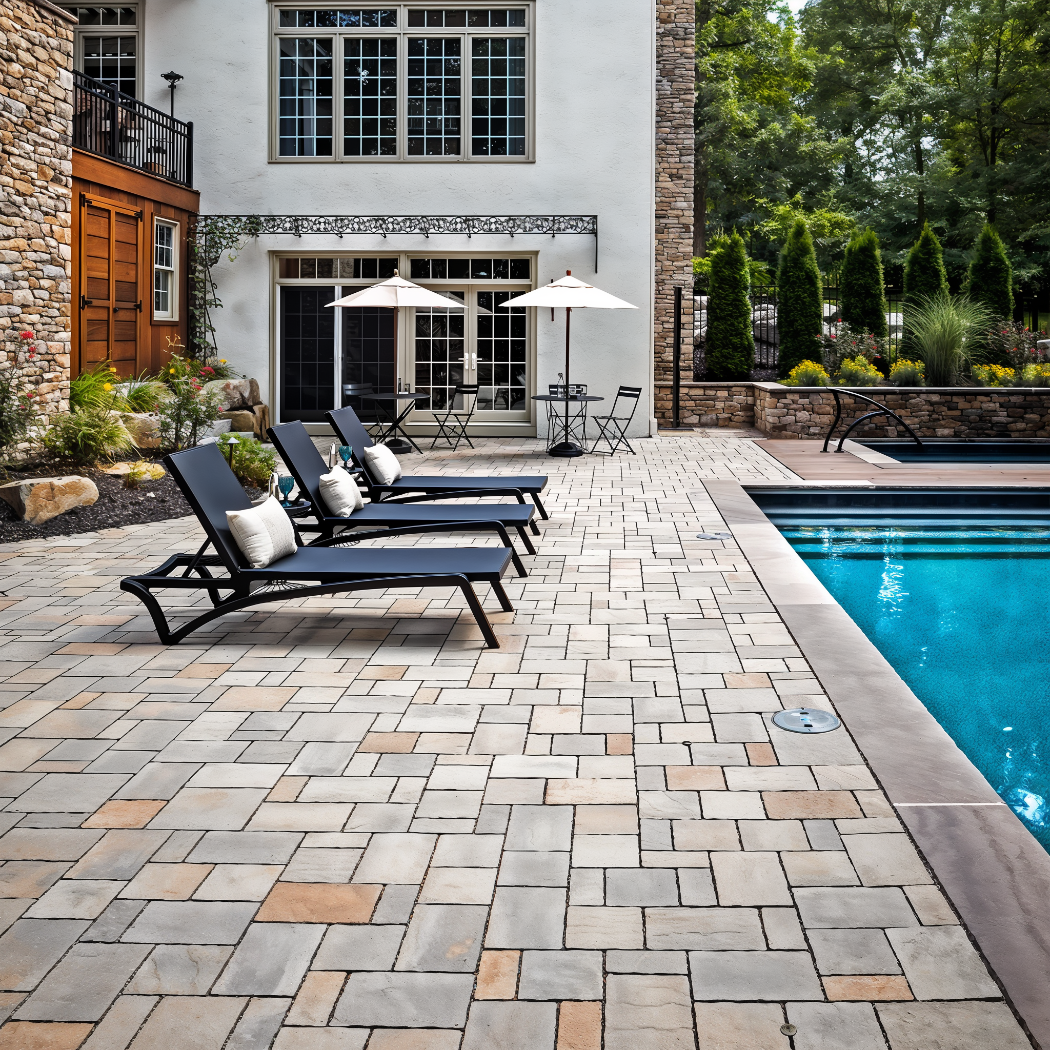 Eva Slate Champlain Grey pavers on a poolside patio, modular size
