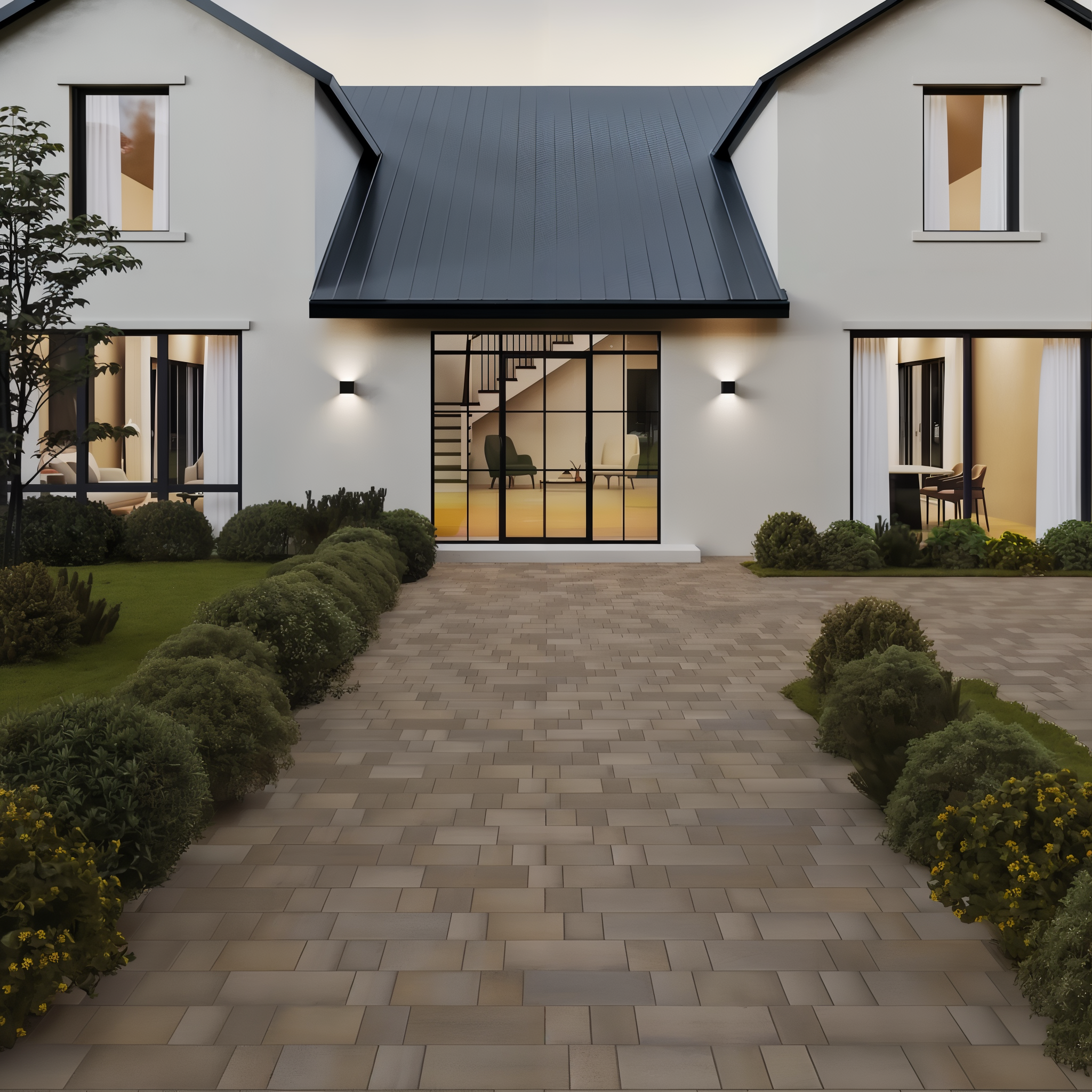 Eva Smooth Champlain Grey pavers in a modern residential driveway, modular size