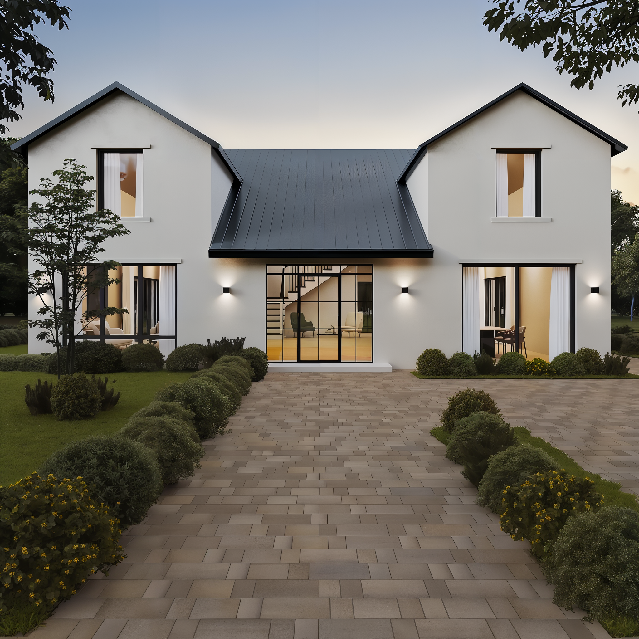 Eva Smooth Champlain Grey pavers on a modern white home front entrance walkway, modular size
