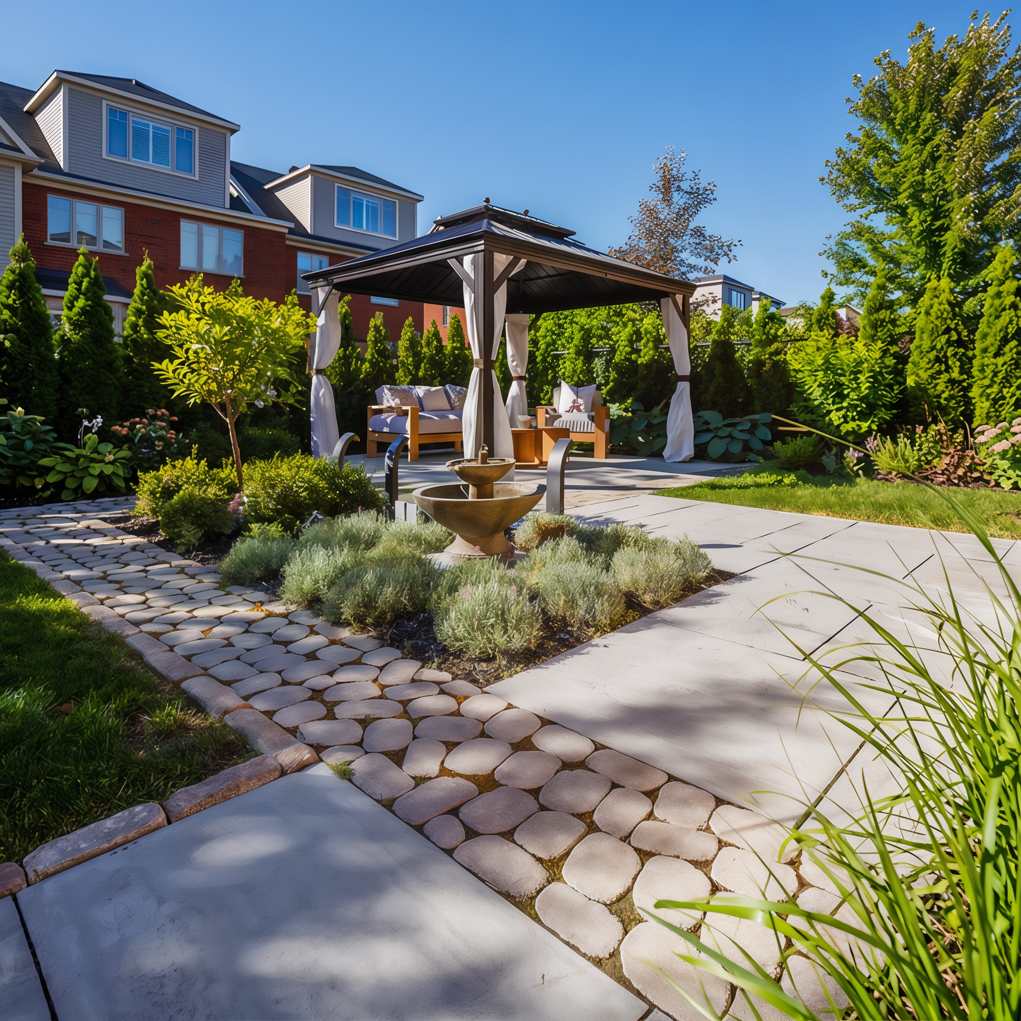 Antika paver by Techo-bloc, Shale Grey color outdoor patio, chocolate brown smooth texture modular size.