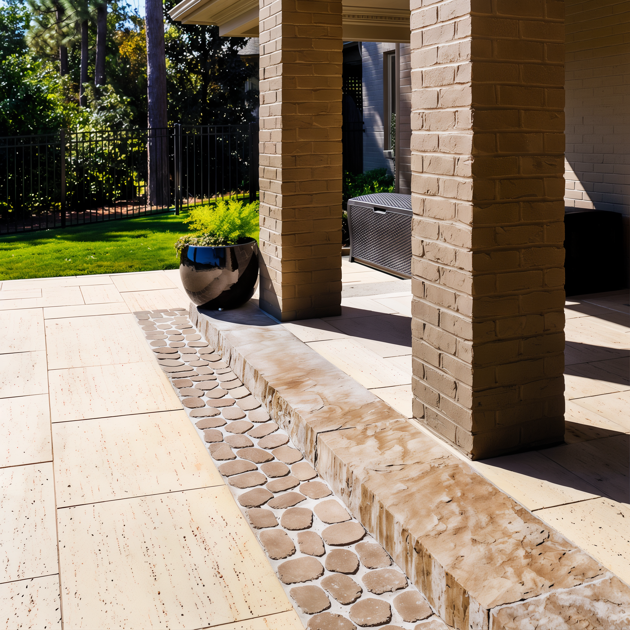 Antika paver by Techo-bloc, Sandlewood color outdoor walkway, chocolate brown smooth texture modular size.