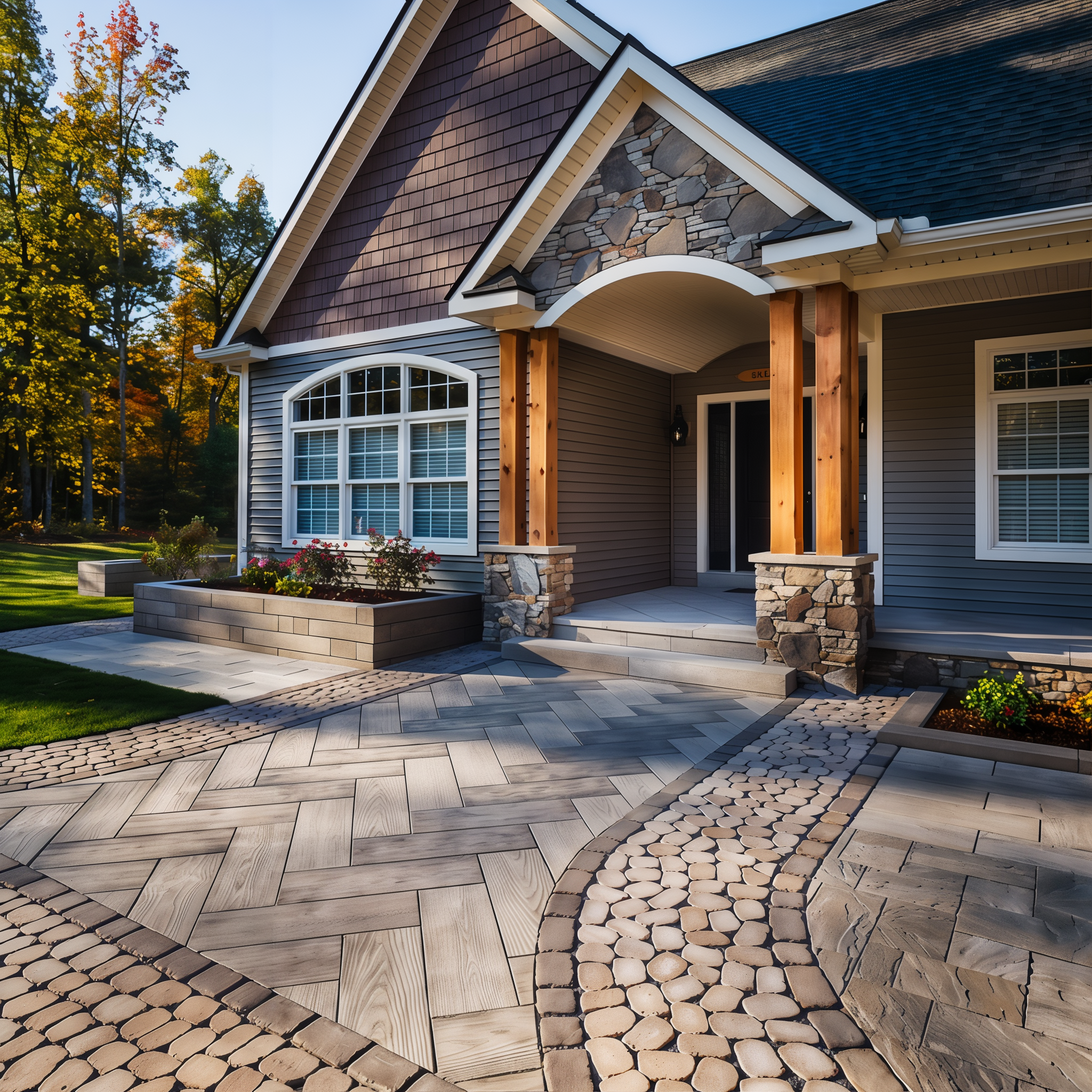 Antika paver by Techo-bloc, Sandlewood color outdoor walkway, chocolate brown smooth texture modular size.
