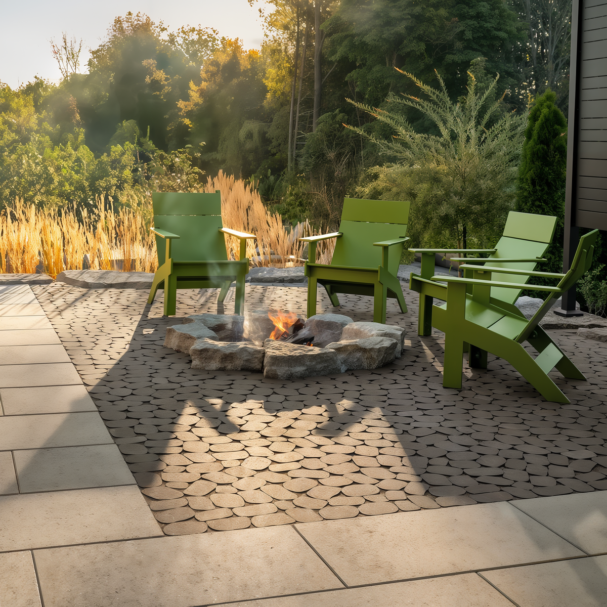 Antika Paver Onyx Black Aged patio with fire pit and chairs.