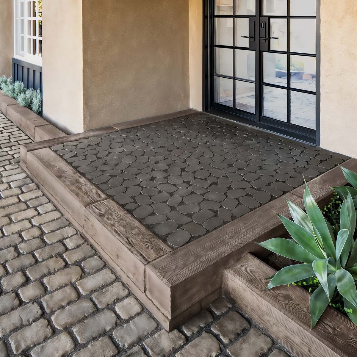 Antika Paver Onyx Black Aged patio in random modular pattern.