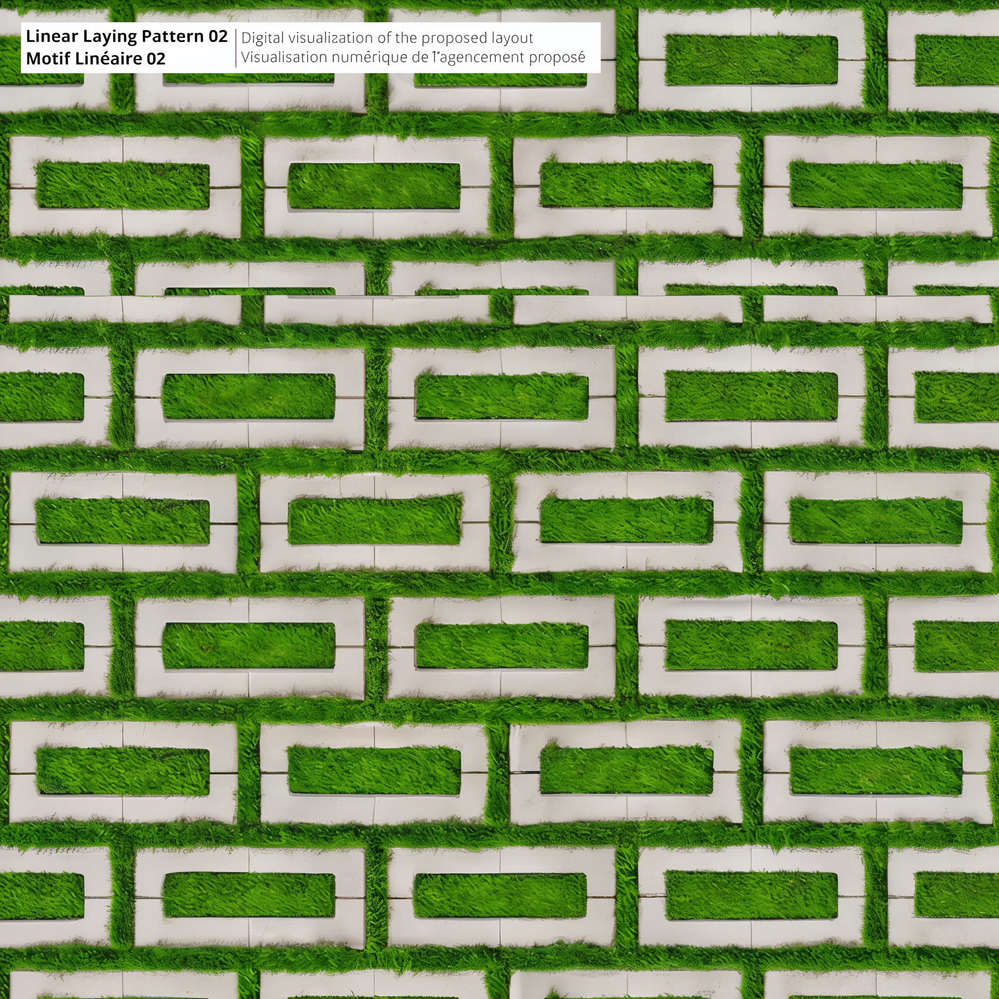 Grey Aquastorm permeable pavers arranged in Linear Pattern 02 with grass.