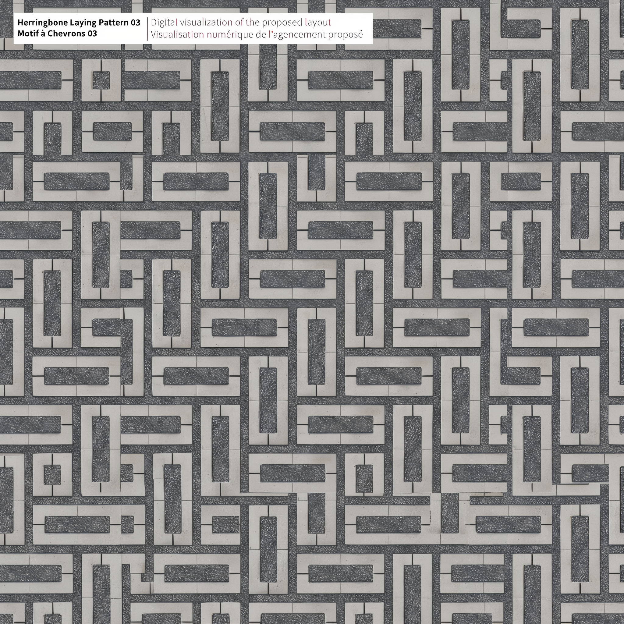 Grey Aquastorm permeable pavers in Herringbone Pattern 03 with dark stone infill.