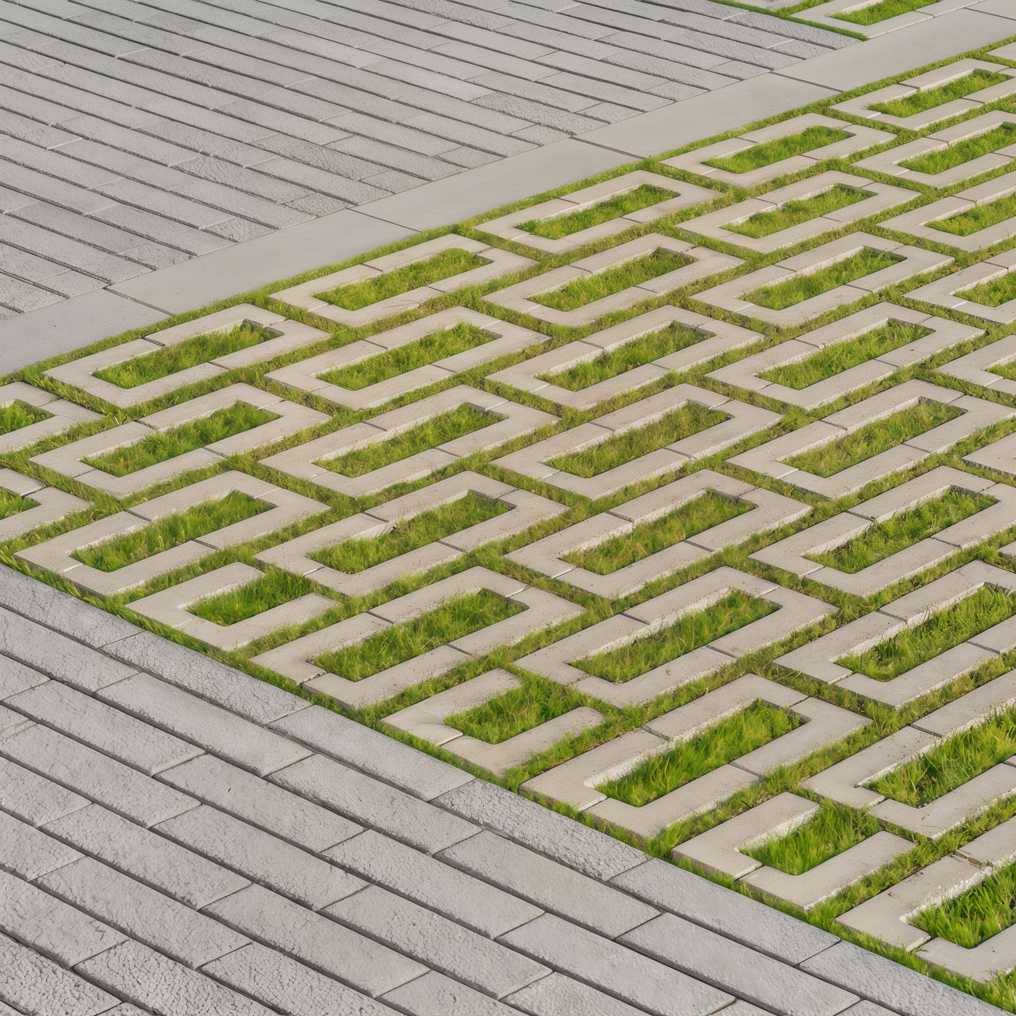 Aquastorm grey permeable pavers with grass alongside stone pavers.
