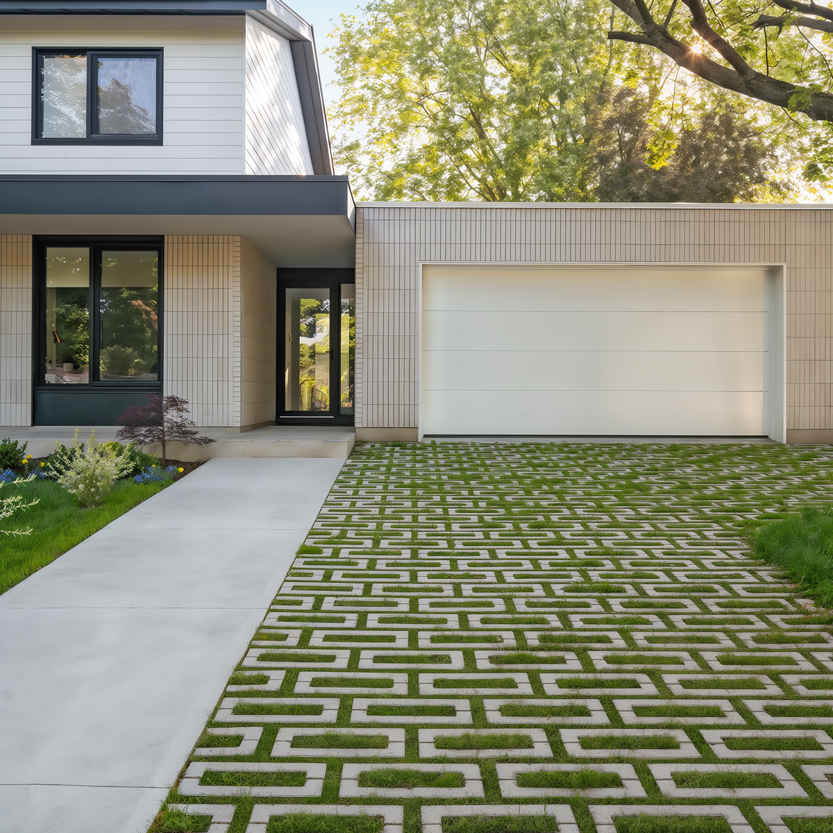 Aquastorm Grey Smooth permeable driveway with linear pattern.