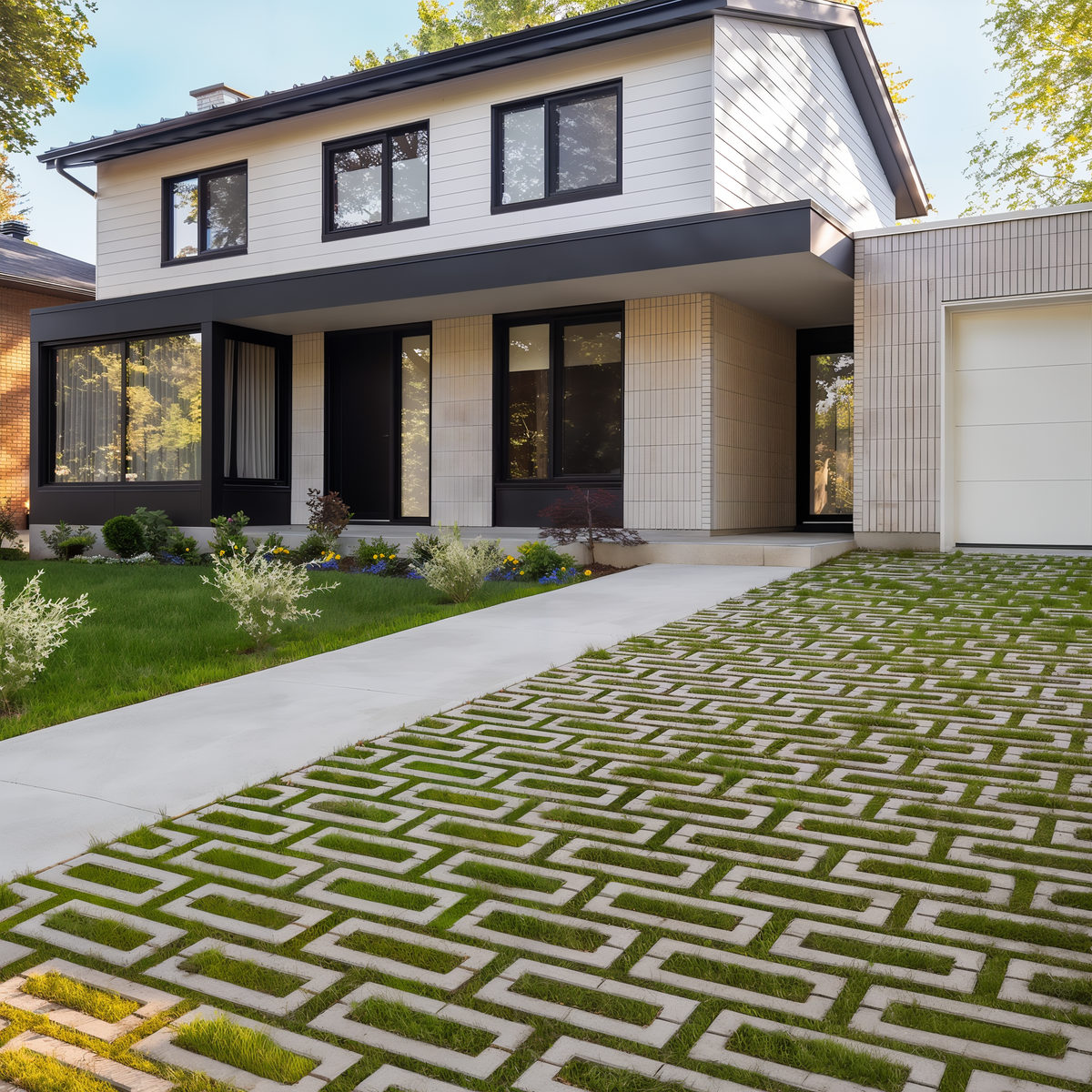 Aquastorm Grey Smooth permeable pavers driveway in linear pa.