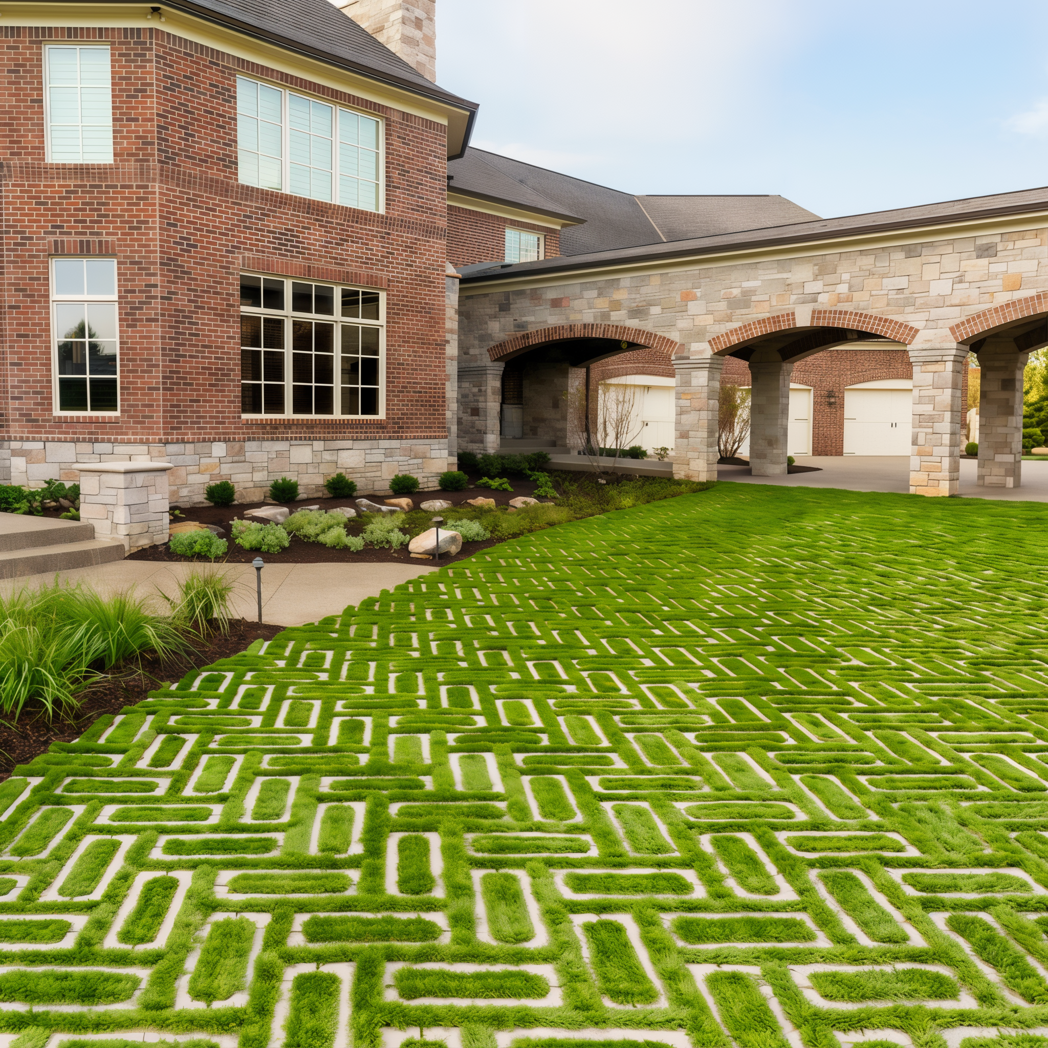 Grey Aquastorm permeable paver grid driveway with grass in a residential landscape.