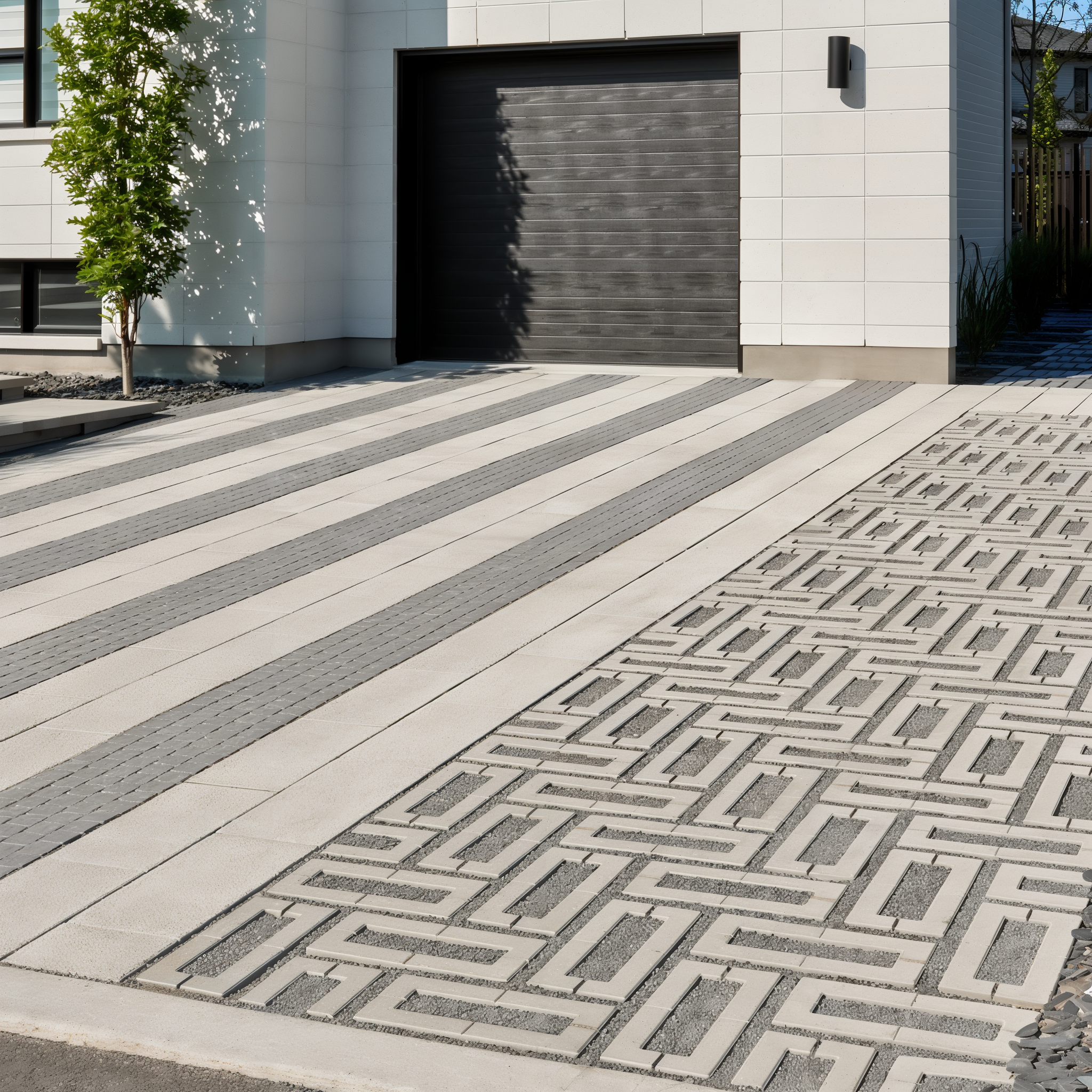 Grey Aquastorm permeable paver driveway design with stone and gravel sections.