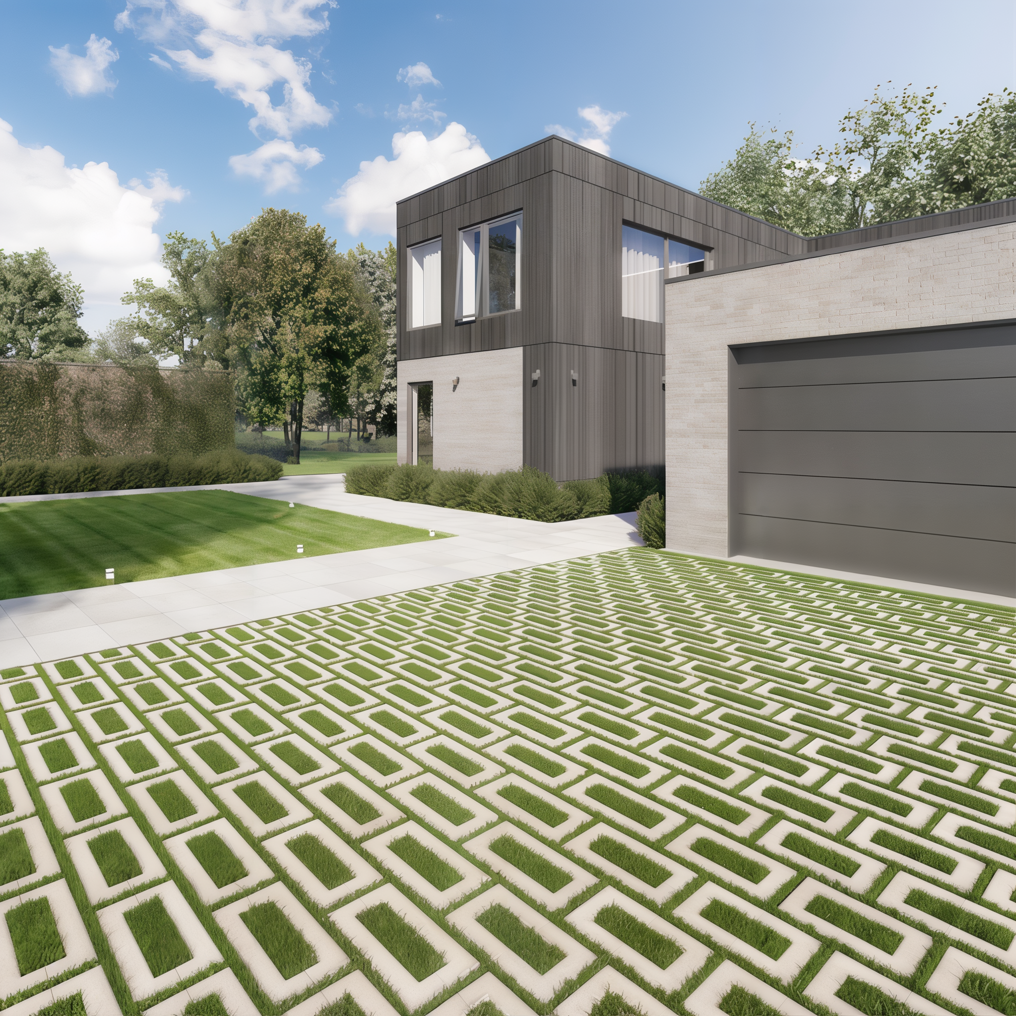 Grey Aquastorm permeable pavers with grass in rectangular pattern for eco driveway.