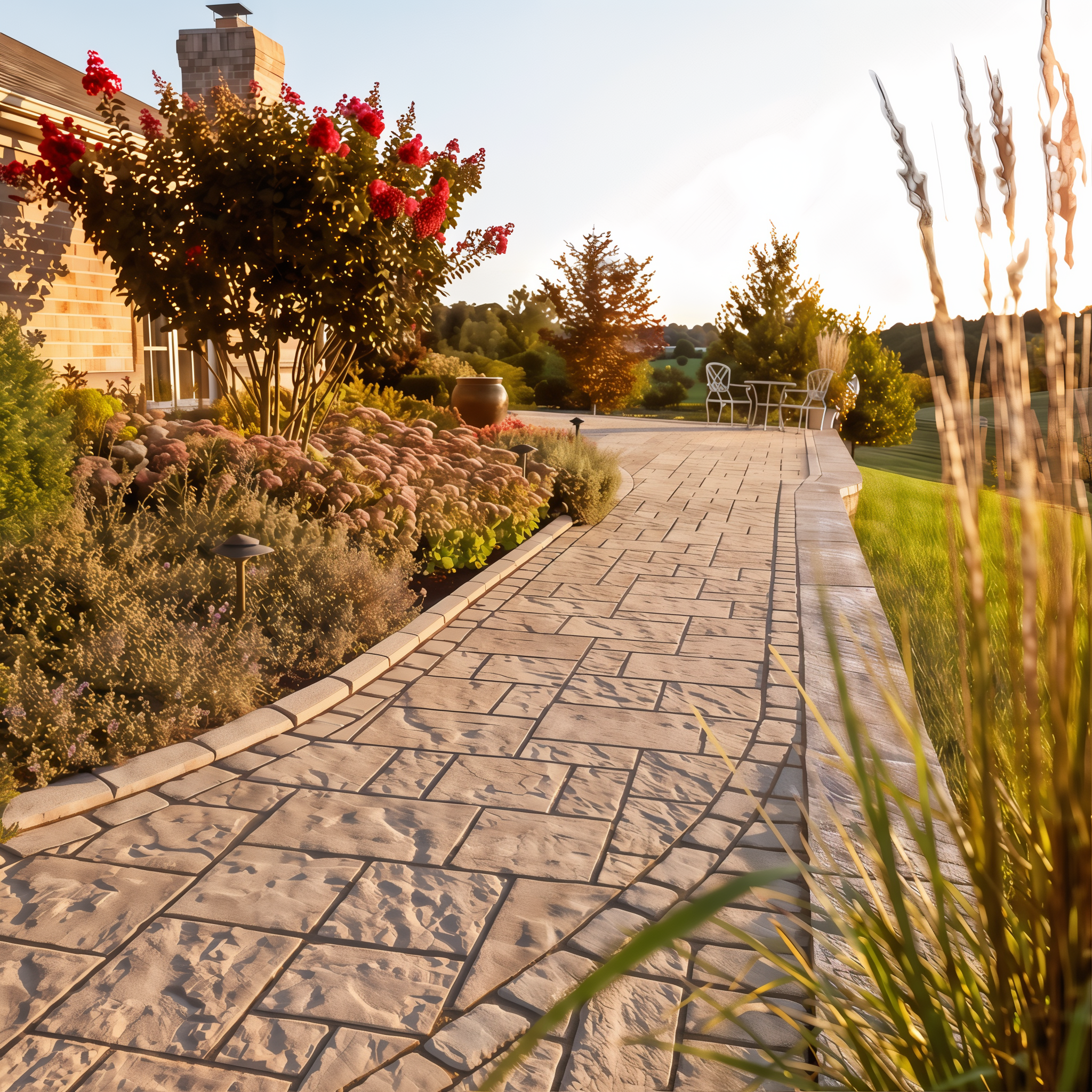 Techo-Bloc Blu 60 Champlain Grey Hd² Slate slate slab landscaped backyard patio.