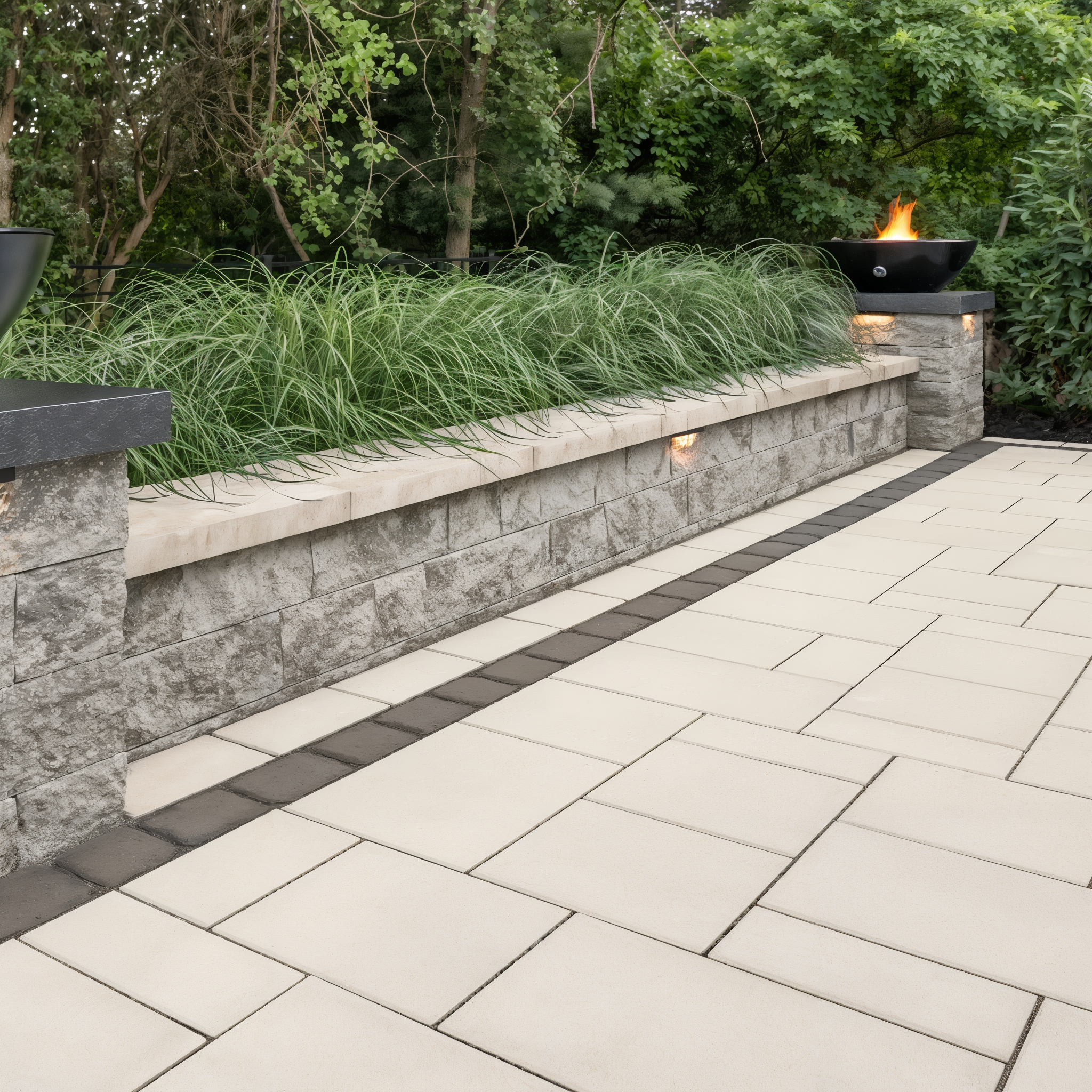 Blu 60 Smooth slab in Beige Cream patio runs along a stone g.