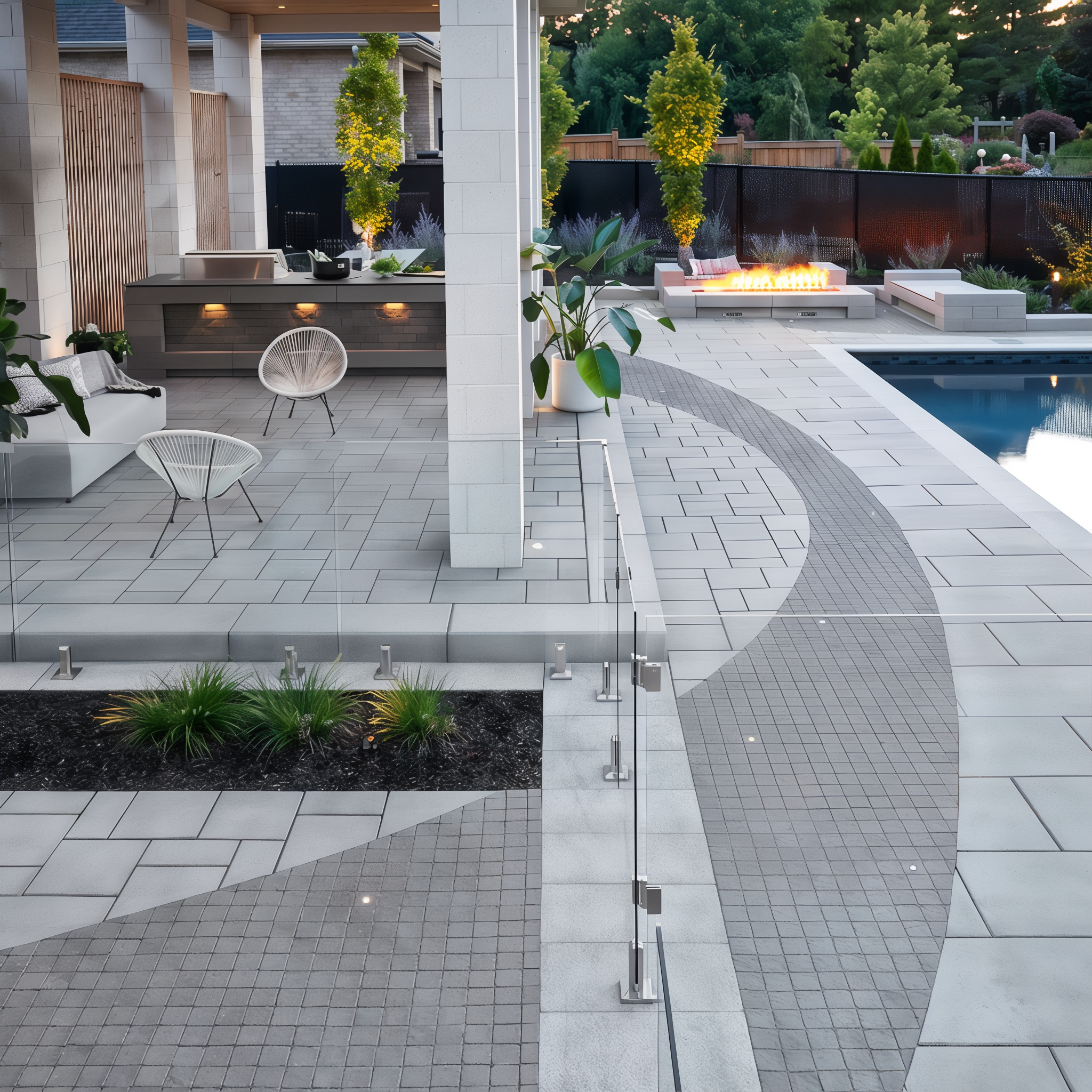 Blu 60 slabs in Greyed Nickel create an outdoor patio