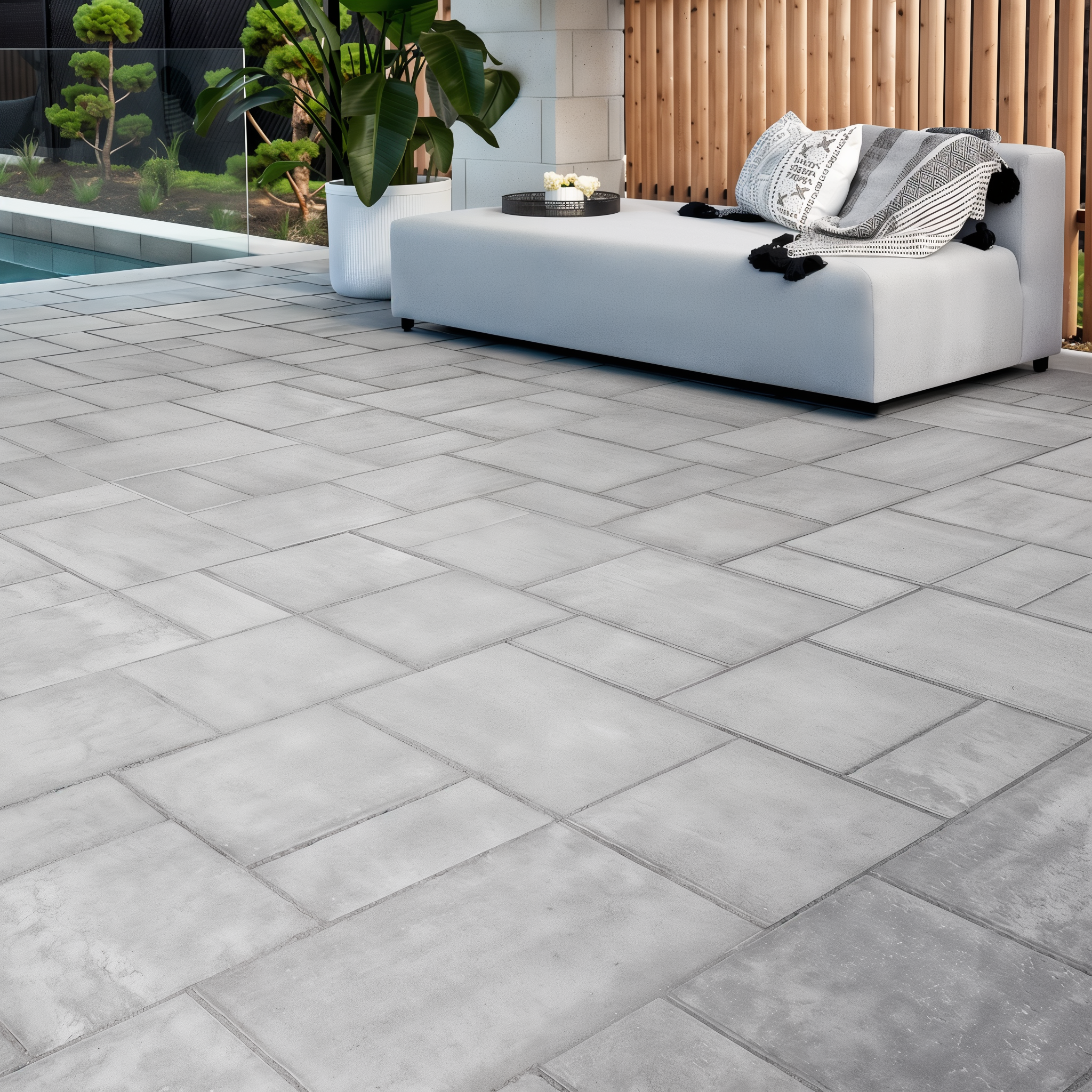 Blu 60 slabs in Greyed Nickel create an outdoor patio