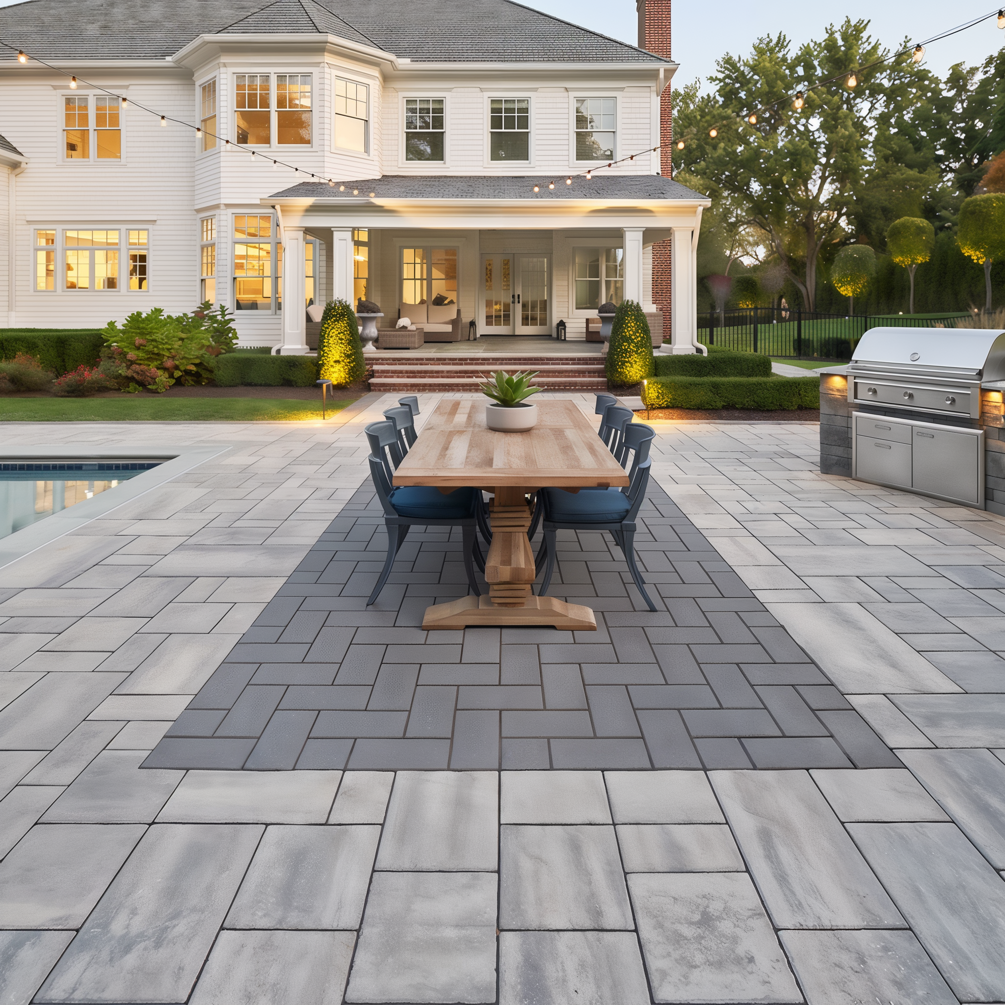 Blu 60 mm smooth Shale Grey slabs in a herringbone pattern for outdoor space.