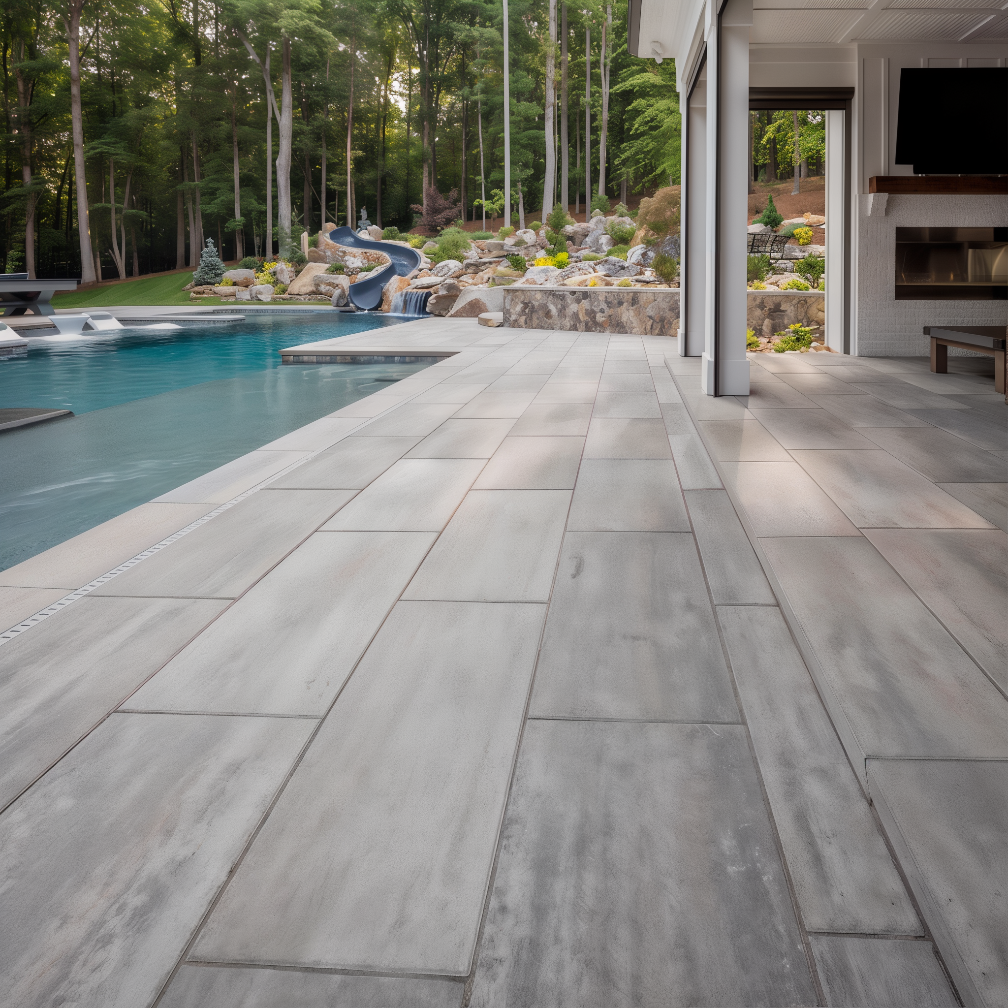 Blu 60 slabs in Greyed Nickel create an outdoor pool area